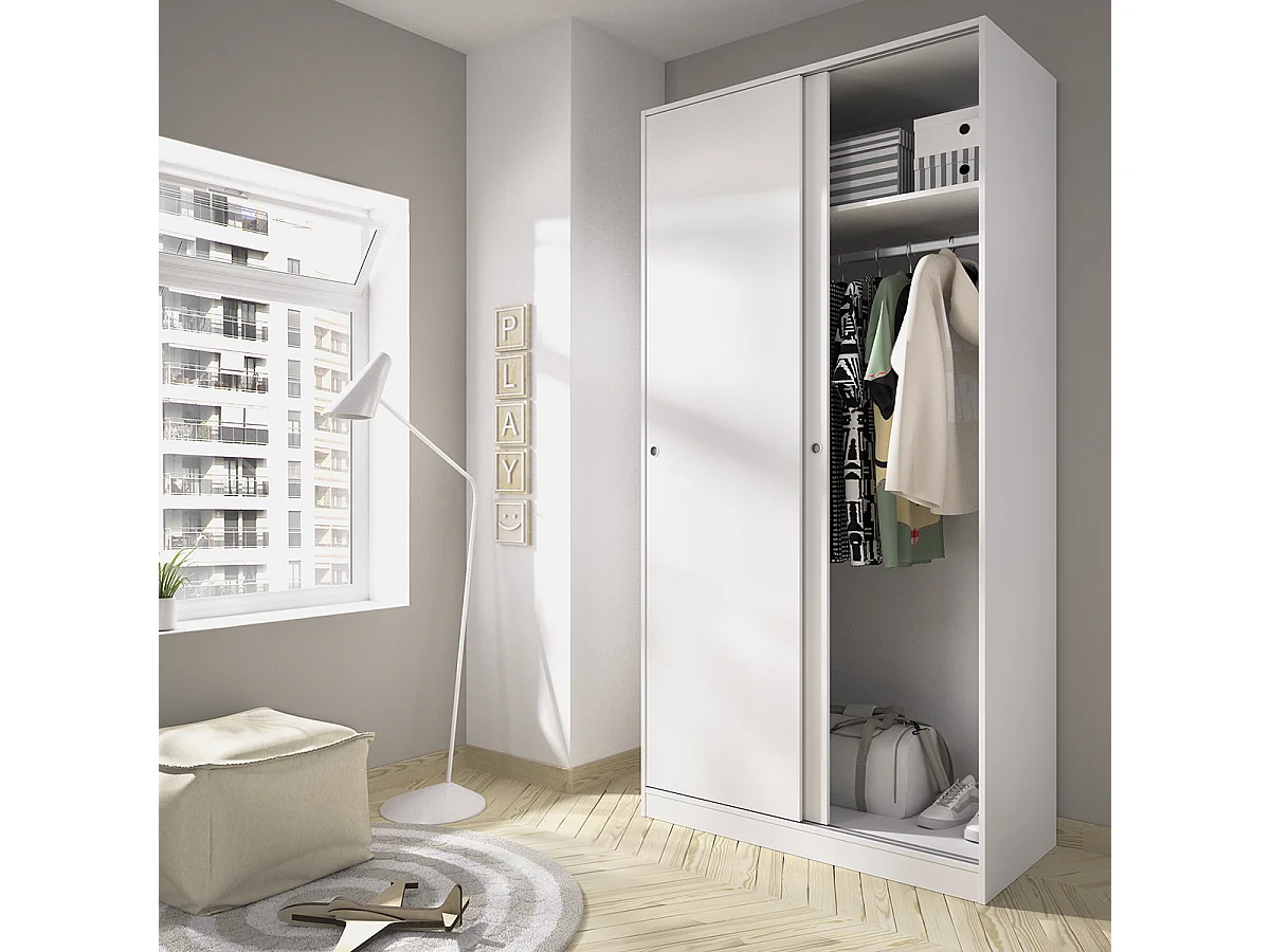 Armoire placard de rangement à 2 portes coulissantes, coloris blanc - Hauteur 204 x Longueur 100 x Profondeur 50 cm