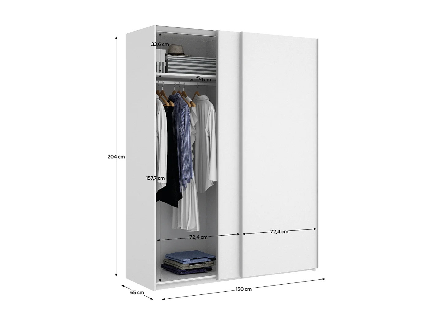 Armoire placard de rangement à 2 portes coulissantes, coloris blanc brillant - Hauteur 204 x Longueur 150 x Profondeur 65 cm