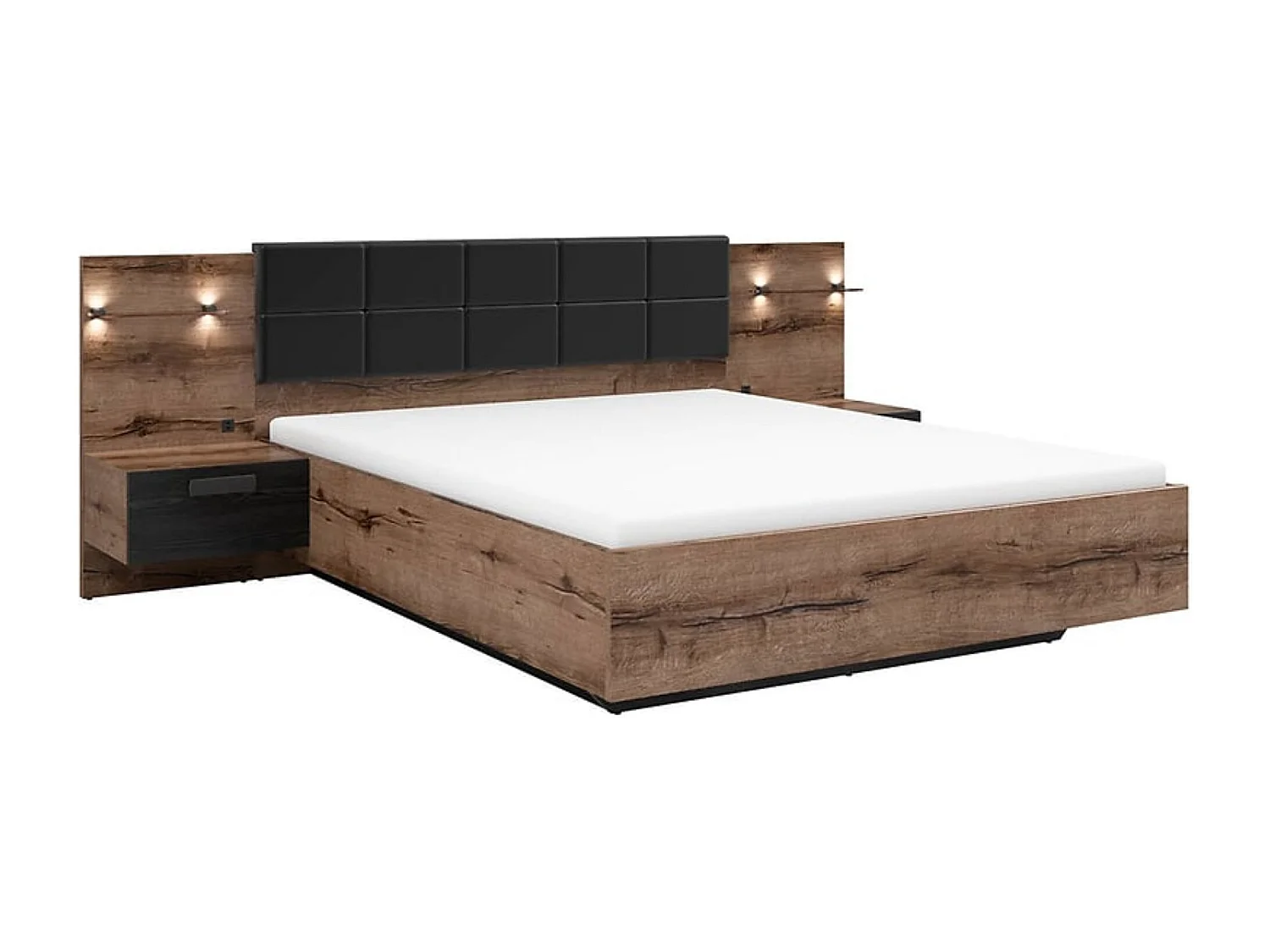 Lit coffre 160x200 + 2 tables de chevet éclairage LED avec sommier et rangement coloris Chêne marron foncé/Chêne noir