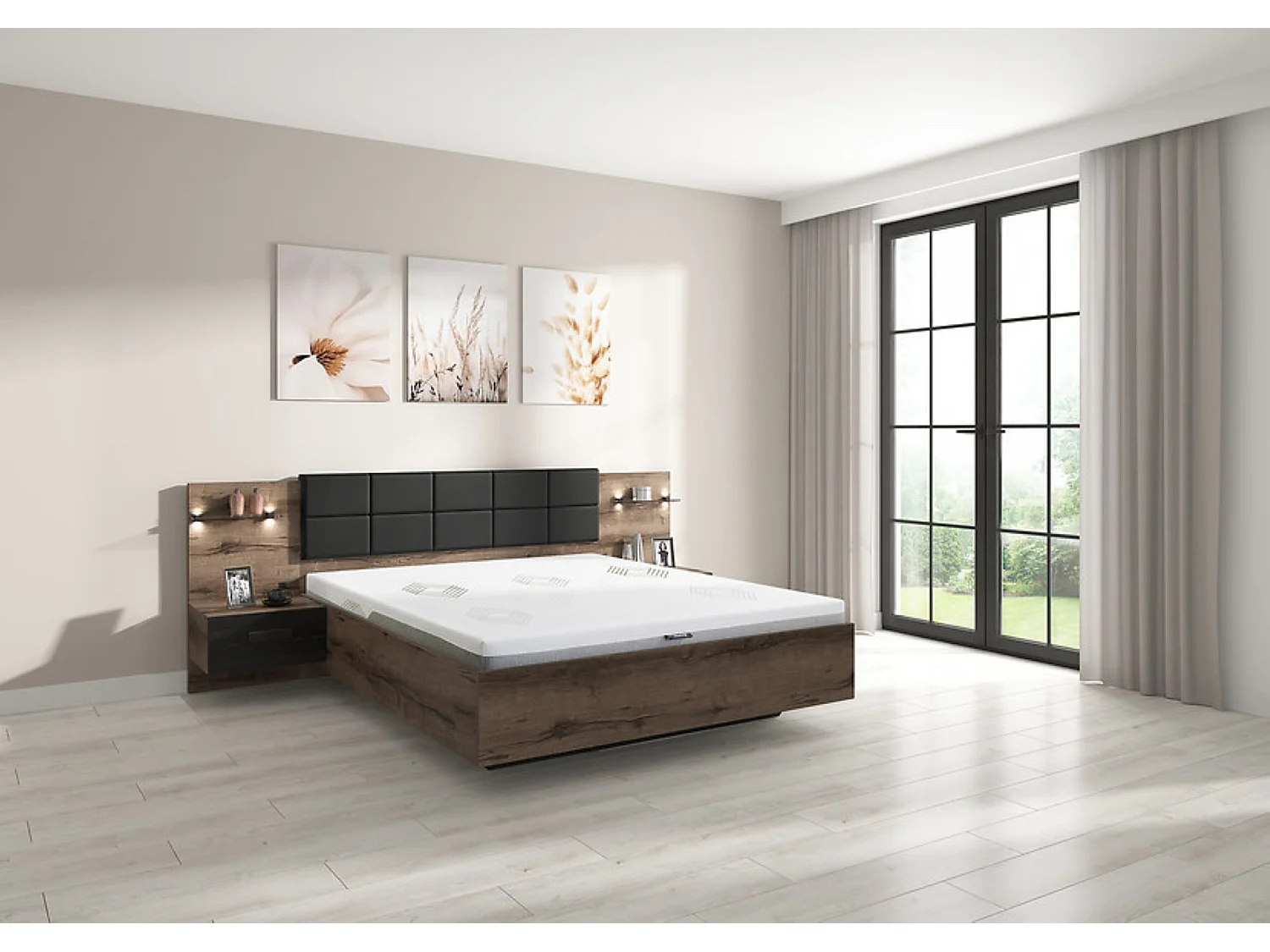 Lit coffre 160x200 + 2 tables de chevet éclairage LED avec sommier et rangement coloris Chêne marron foncé/Chêne noir