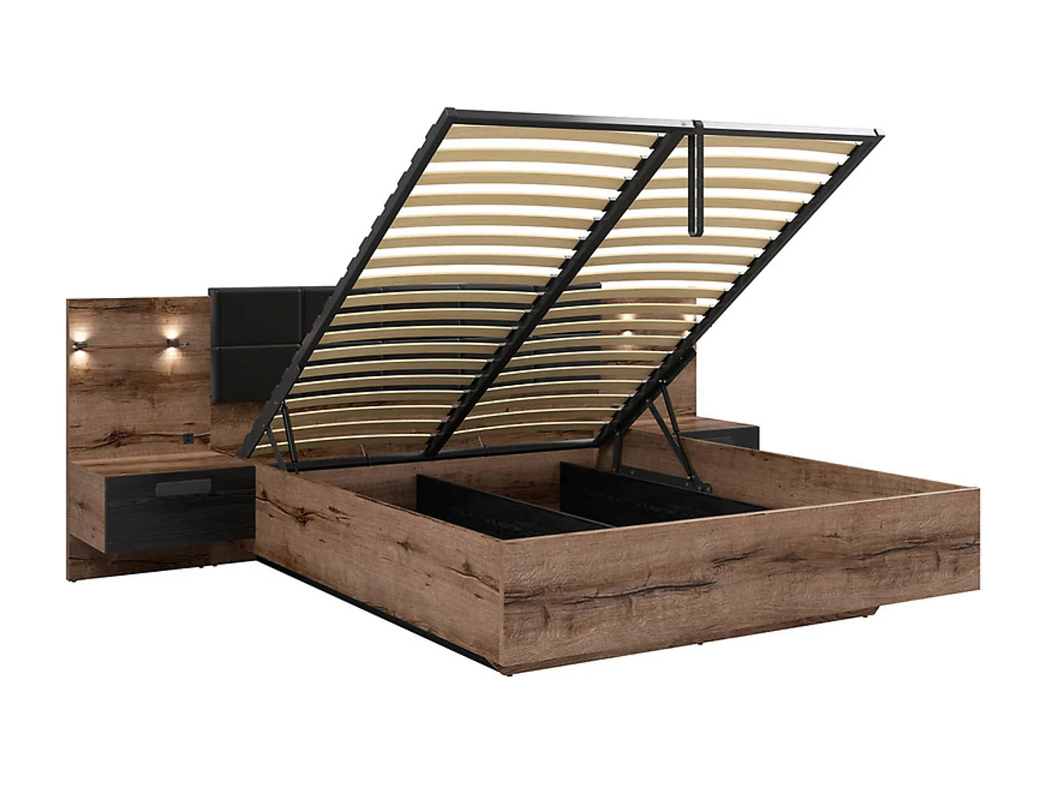 Lit coffre 160x200 + 2 tables de chevet éclairage LED avec sommier et rangement coloris Chêne marron foncé/Chêne noir
