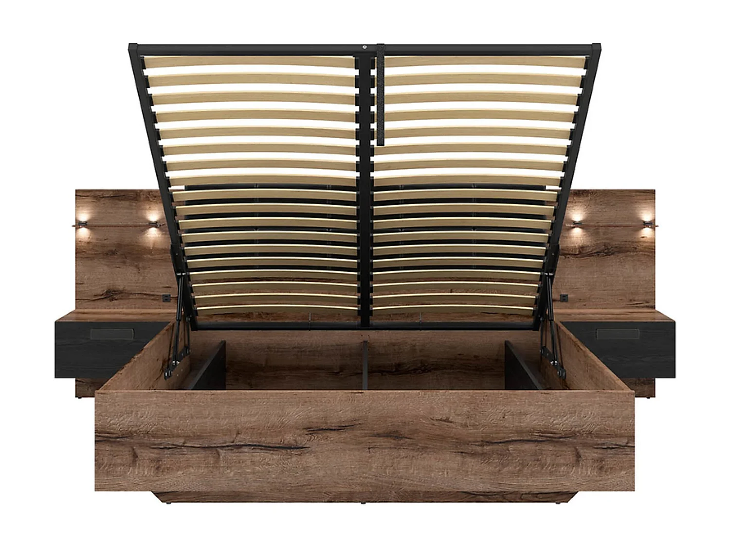 Lit coffre 160x200 + 2 tables de chevet éclairage LED avec sommier et rangement coloris Chêne marron foncé/Chêne noir