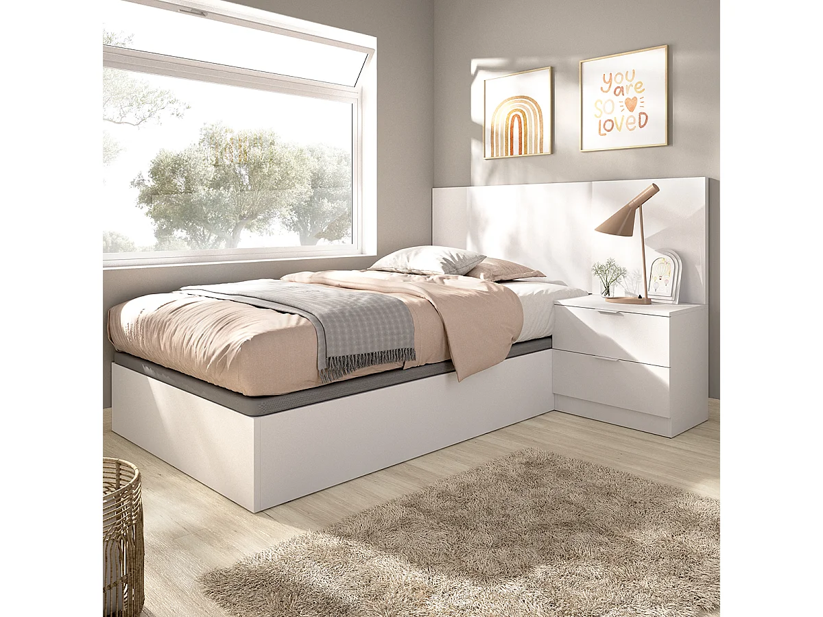 Ensemble Lit coffre 90x190 cm + tête de lit + une table de chevet avec 2 tiroirs, coloris blanc