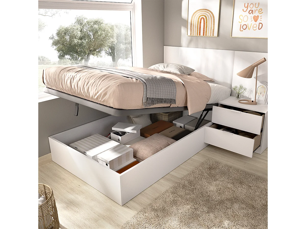 Ensemble Lit coffre 90x190 cm + tête de lit + une table de chevet avec 2 tiroirs, coloris blanc