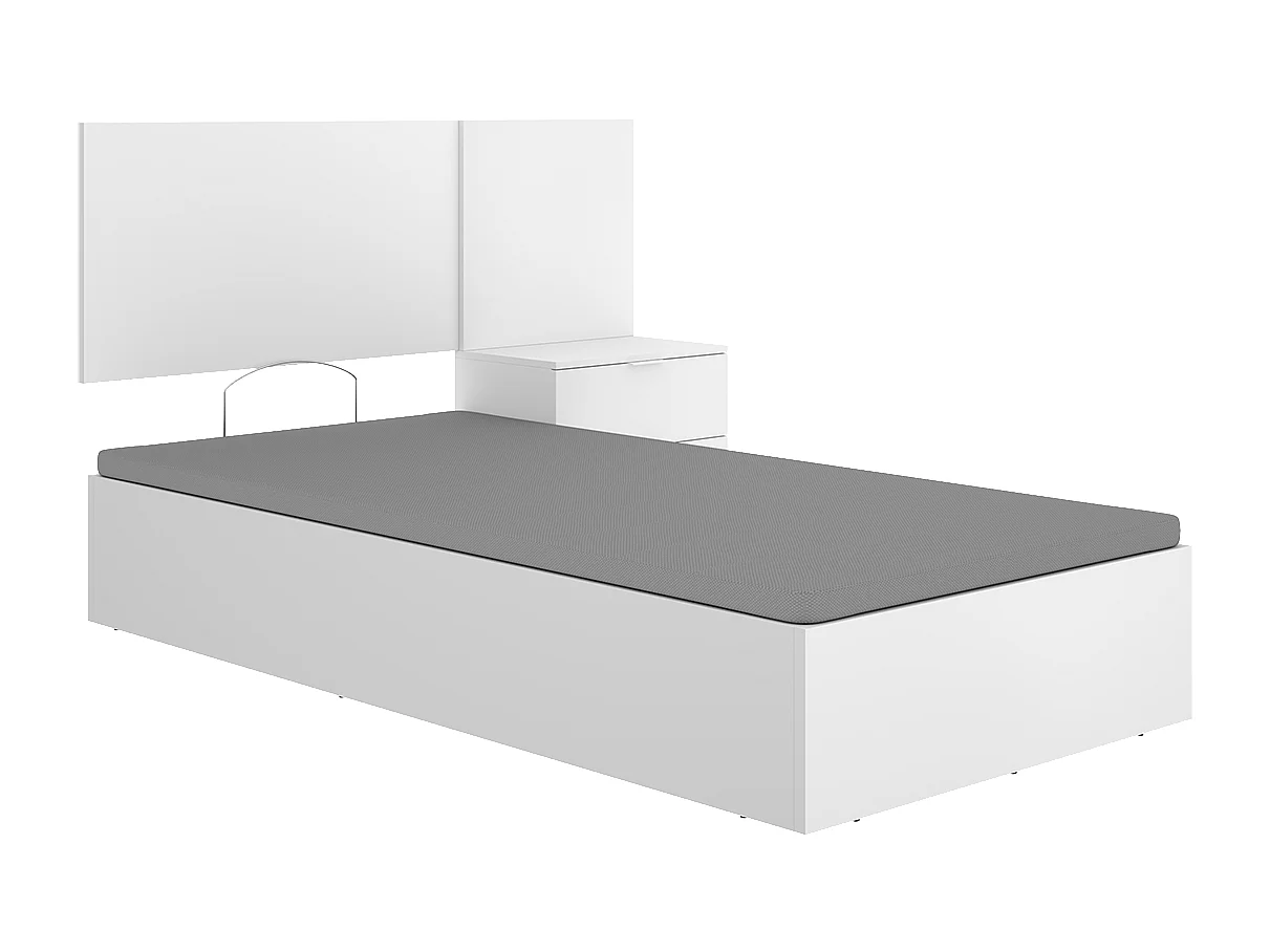 Ensemble Lit coffre 90x190 cm + tête de lit + une table de chevet avec 2 tiroirs, coloris blanc