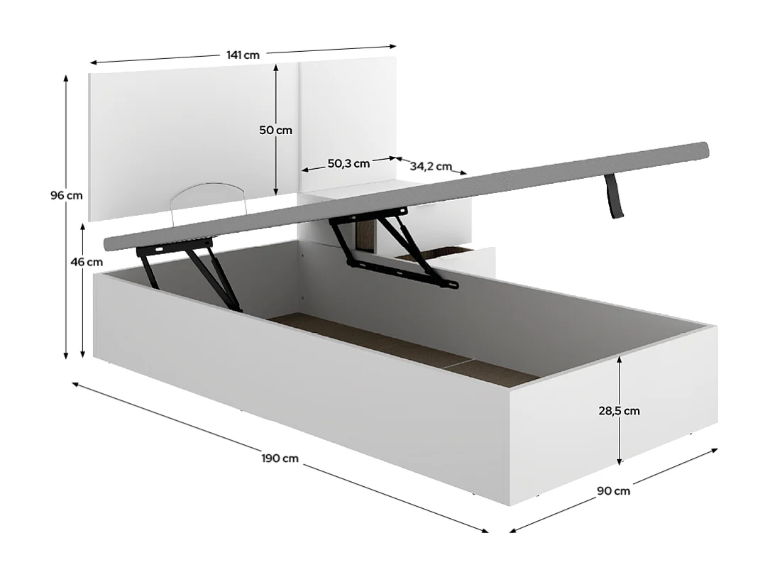 Ensemble Lit coffre 90x190 cm + tête de lit + une table de chevet avec 2 tiroirs, coloris blanc