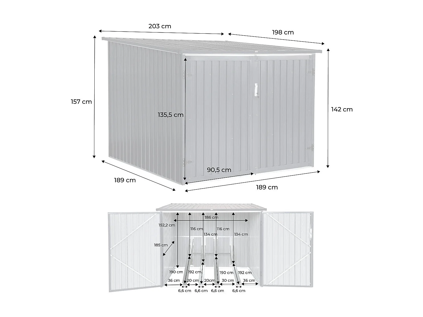Abri à vélo. rangement 4 vélos. gris en acier galvanisé. L 203 x P 198 x H 157 cm