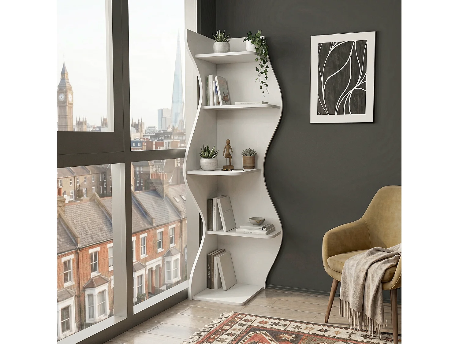 Nila Bibliothèque 180 cm 5 niveaux Design Géométrique (Blanc)