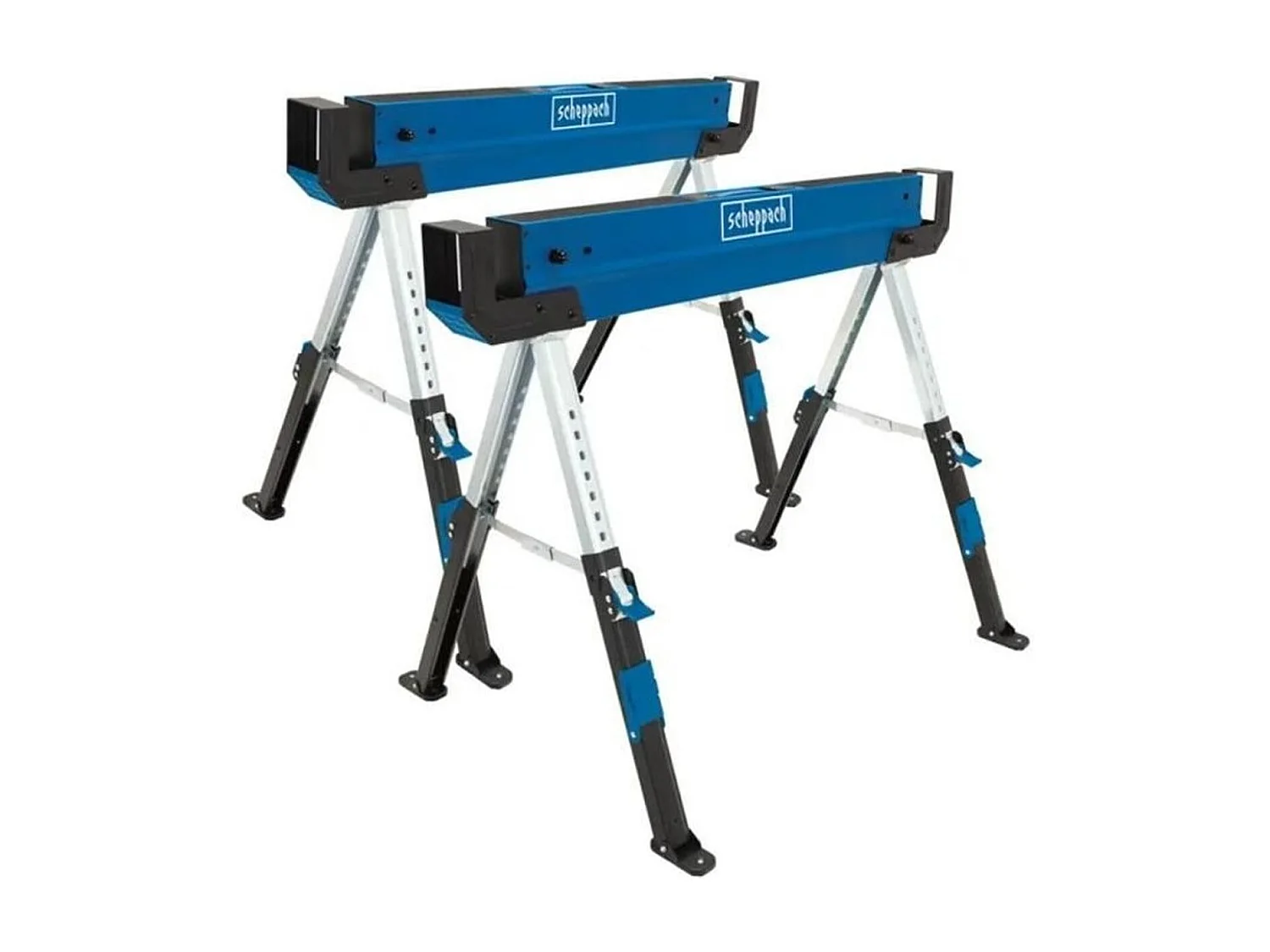 2er-Set klappbare Stahlböcke SCHEPPACH MWB600, höhenverstellbar 618-820 mm, Tragfähigkeit 600 kg pro Stück, rutschfeste Füße