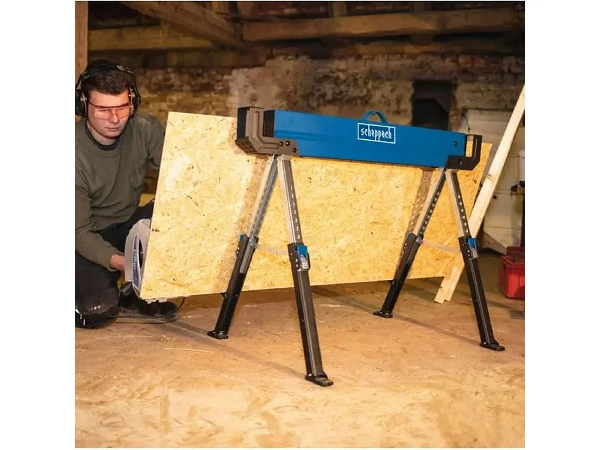 2er-Set klappbare Stahlböcke SCHEPPACH MWB600, höhenverstellbar 618-820 mm, Tragfähigkeit 600 kg pro Stück, rutschfeste Füße