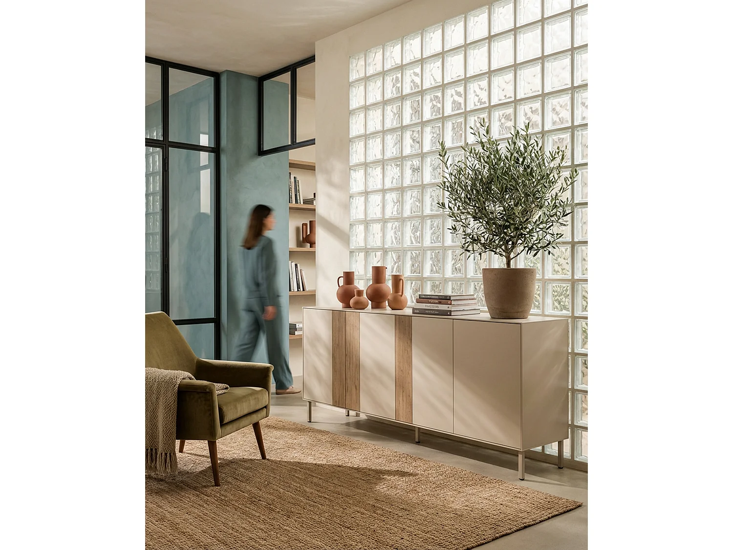 Buffet 4 portes crème/chêne 180x80 cm