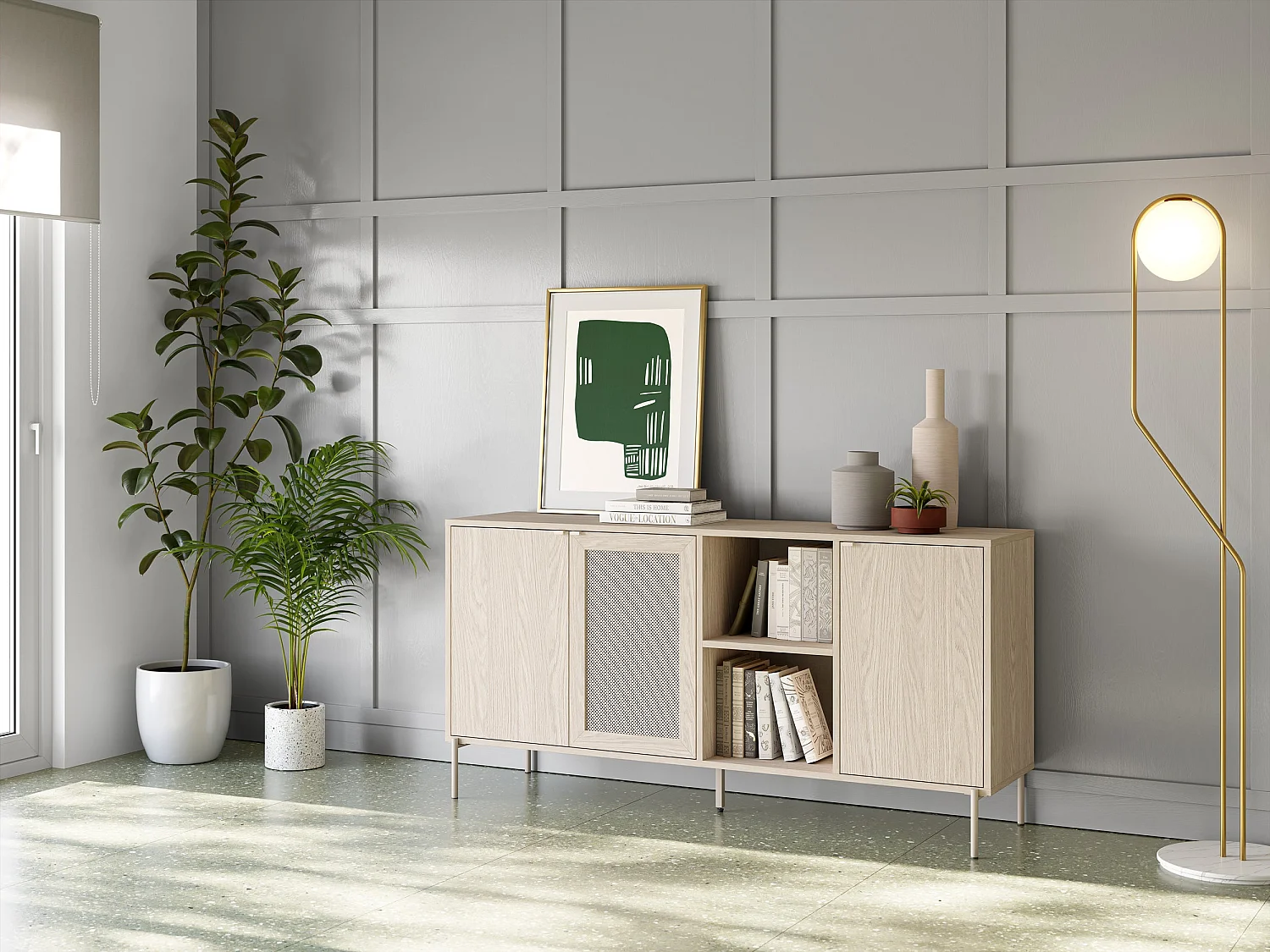 Buffet en chêne 3 portes pieds en métal 164x80 cm