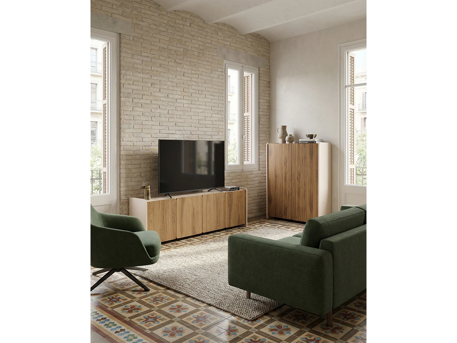 4-türiger TV-Schrank Creme/Eiche 180x55 cm