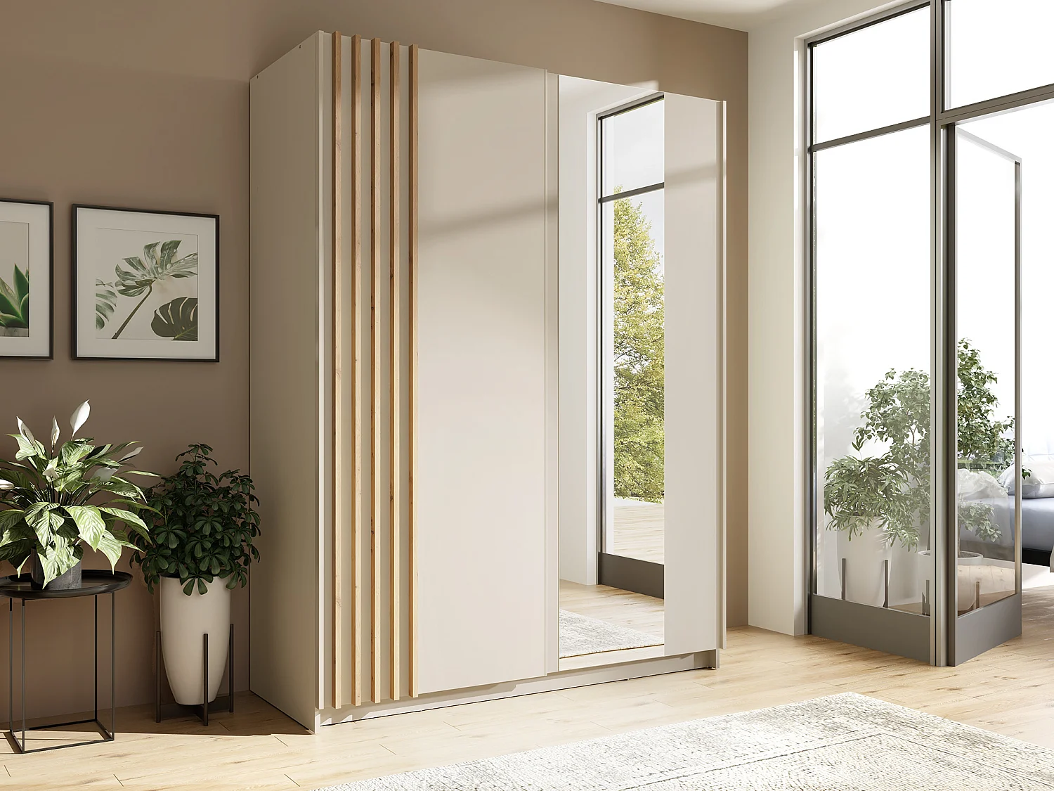 Armoire 2 portes coulissantes – Avec miroir – L150cm – Beige et naturel – CALELA
