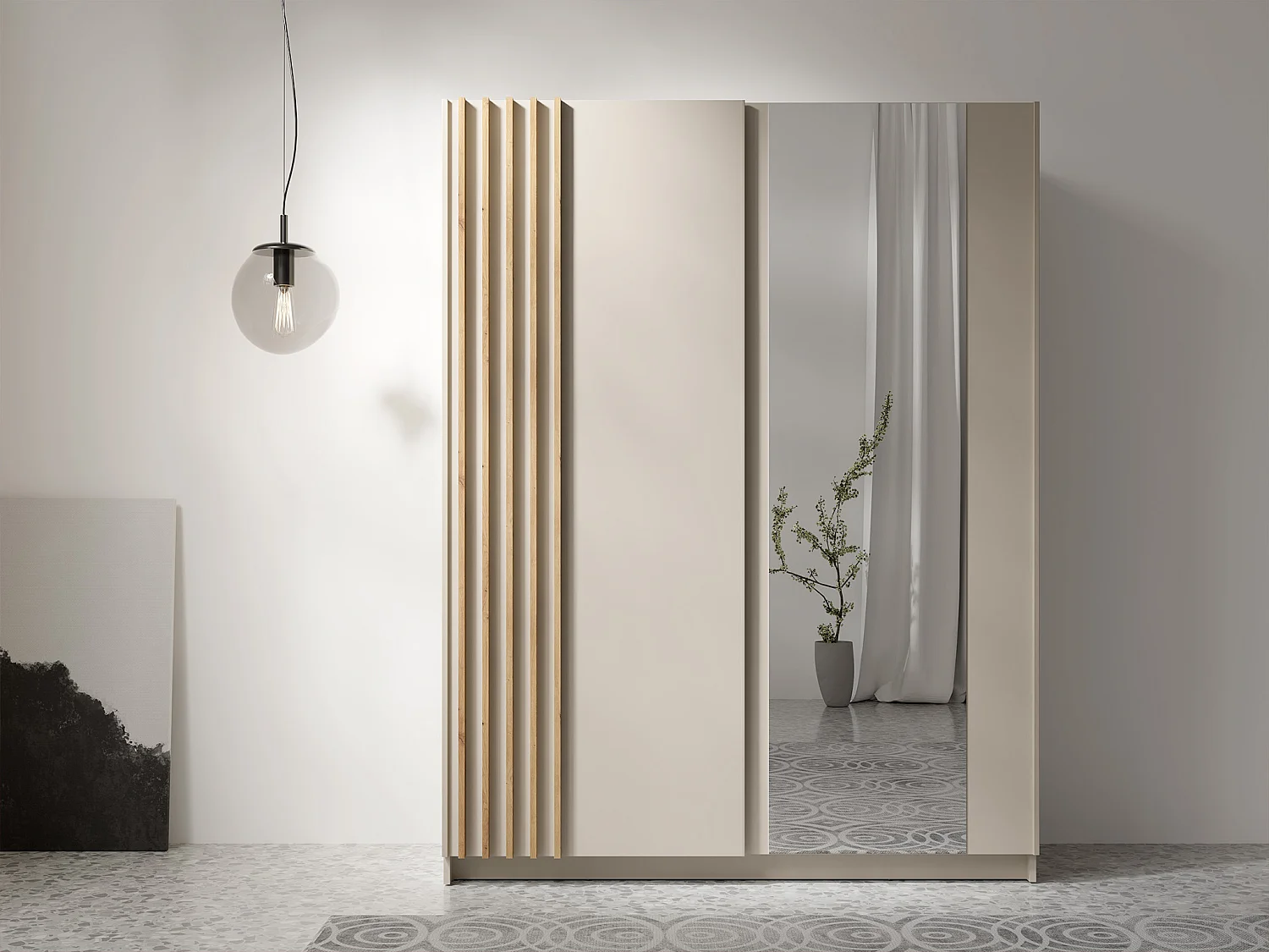 Armoire 2 portes coulissantes – Avec miroir – L150cm – Beige et naturel – CALELA