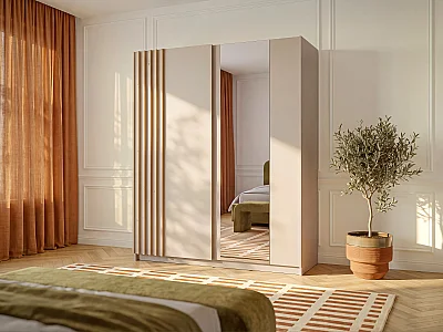 Kast met 2 schuifdeuren - Met spiegel - B150 cm - Beige en naturel - CALELA
