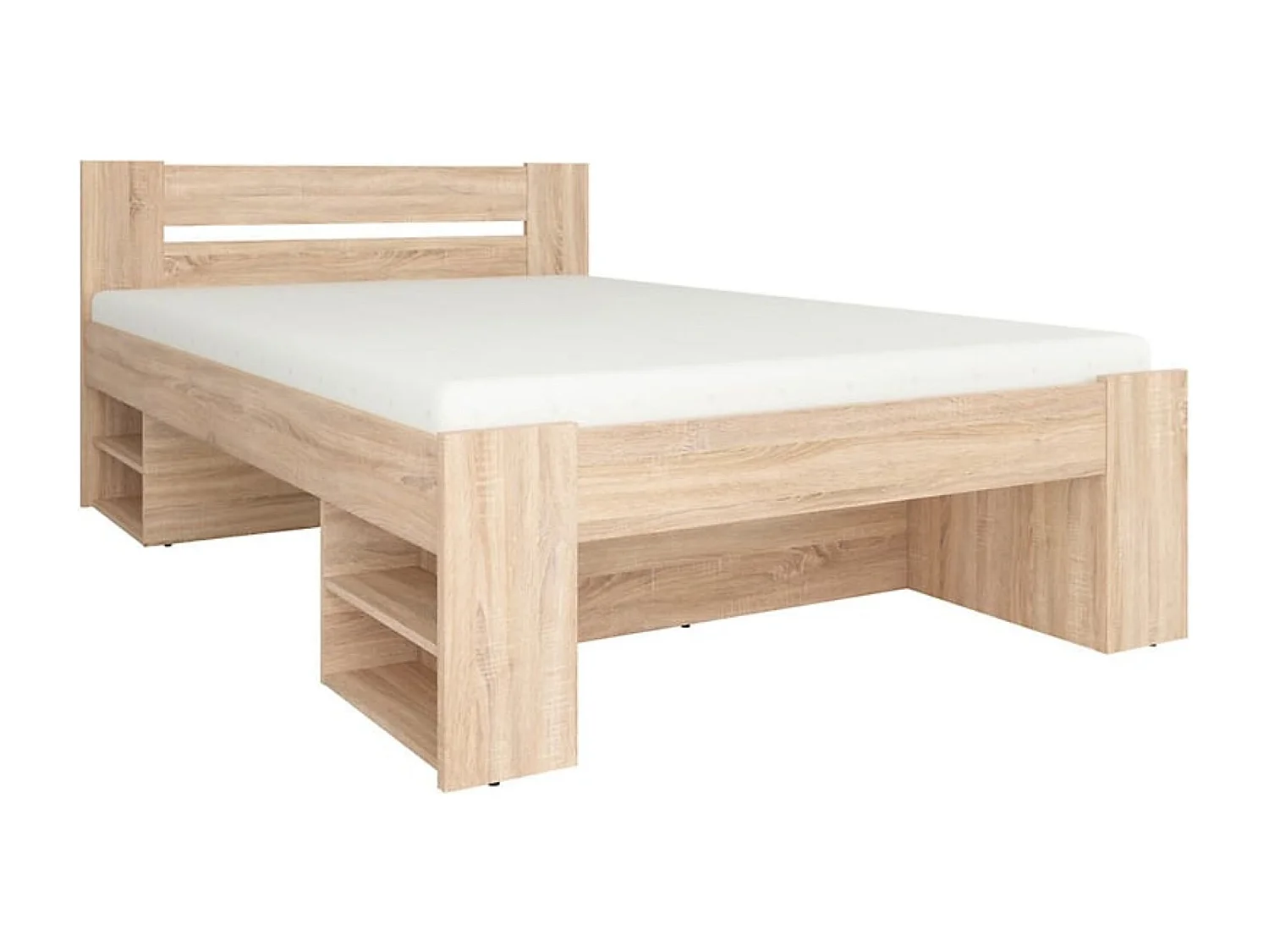 Lit double avec étagères de rangement et 3 tiroirs coloris chêne sonoma-longueur 204,5 x largeur 145,5 x hauteur 47,5-85,5 cm
