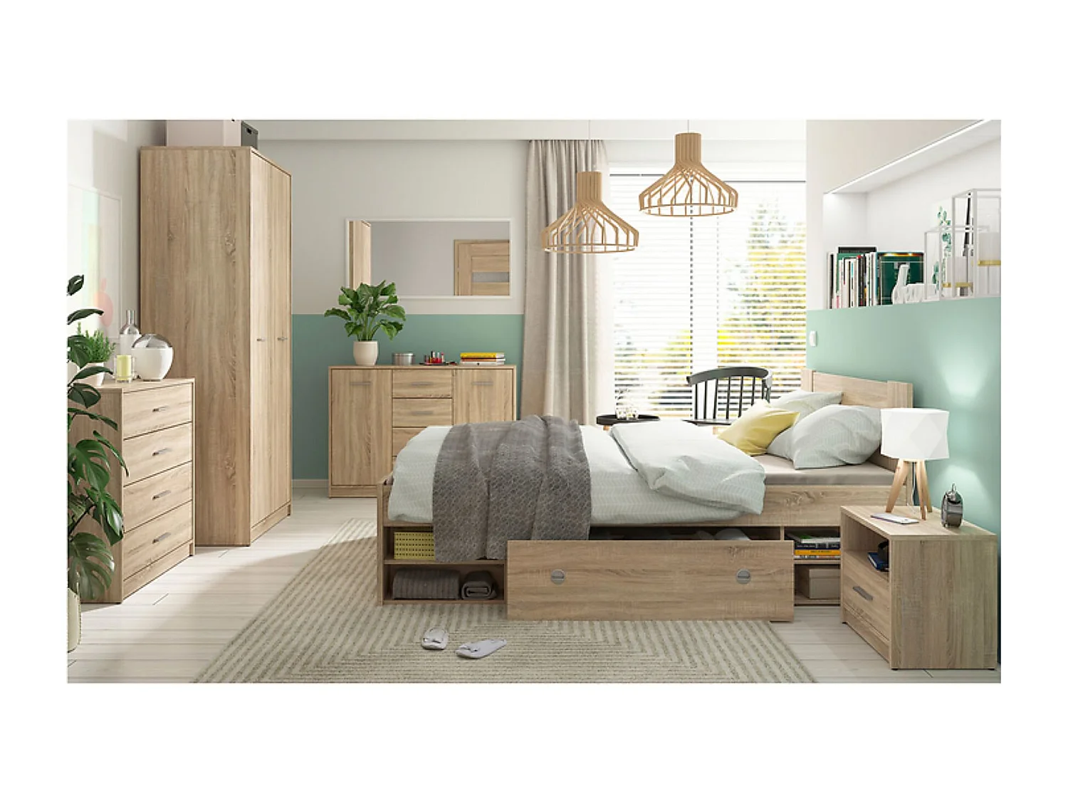Lit double avec étagères de rangement et 3 tiroirs coloris chêne sonoma-longueur 204,5 x largeur 145,5 x hauteur 47,5-85,5 cm