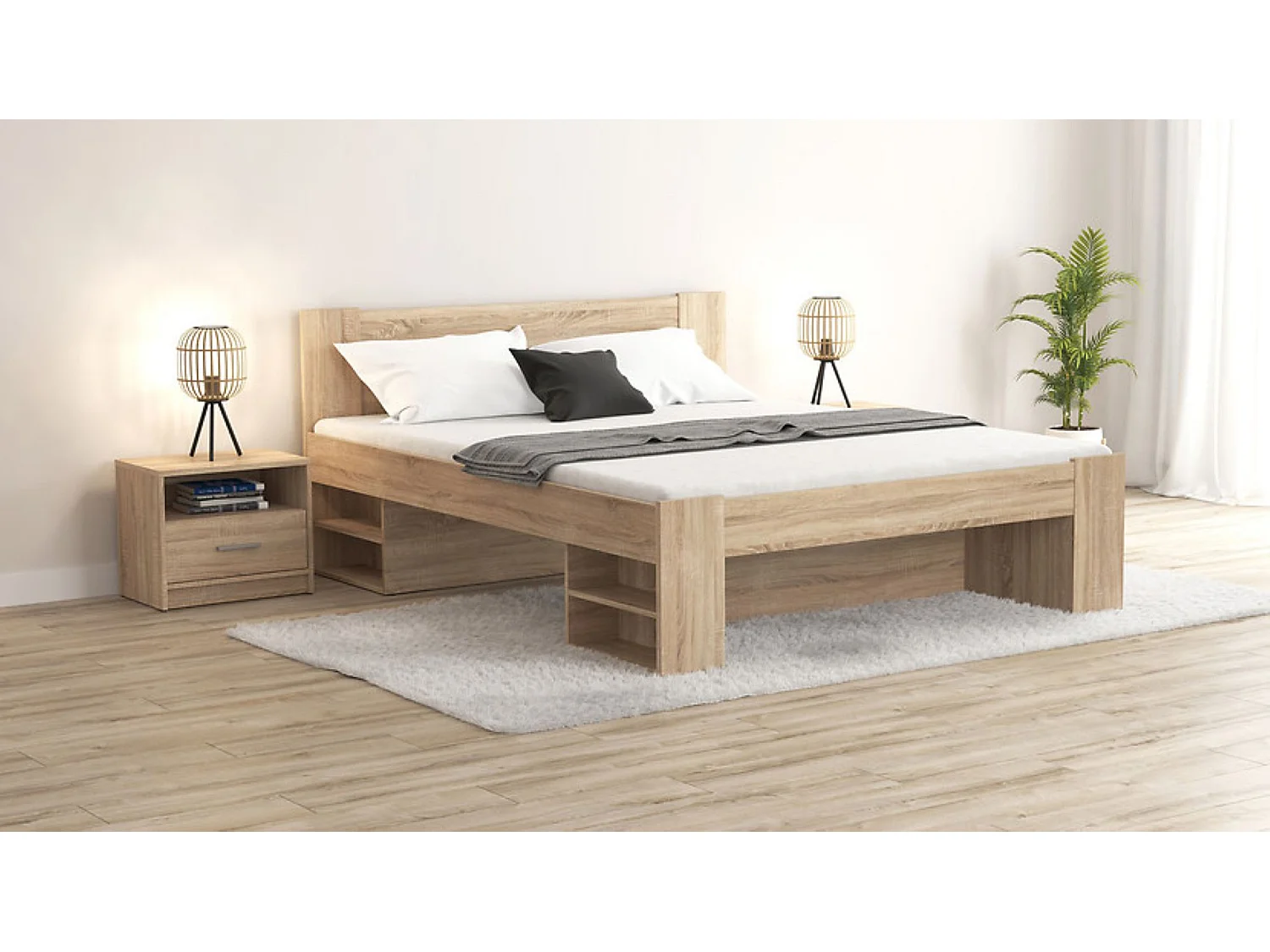 Lit double avec étagères de rangement et 3 tiroirs coloris chêne sonoma-longueur 204,5 x largeur 145,5 x hauteur 47,5-85,5 cm