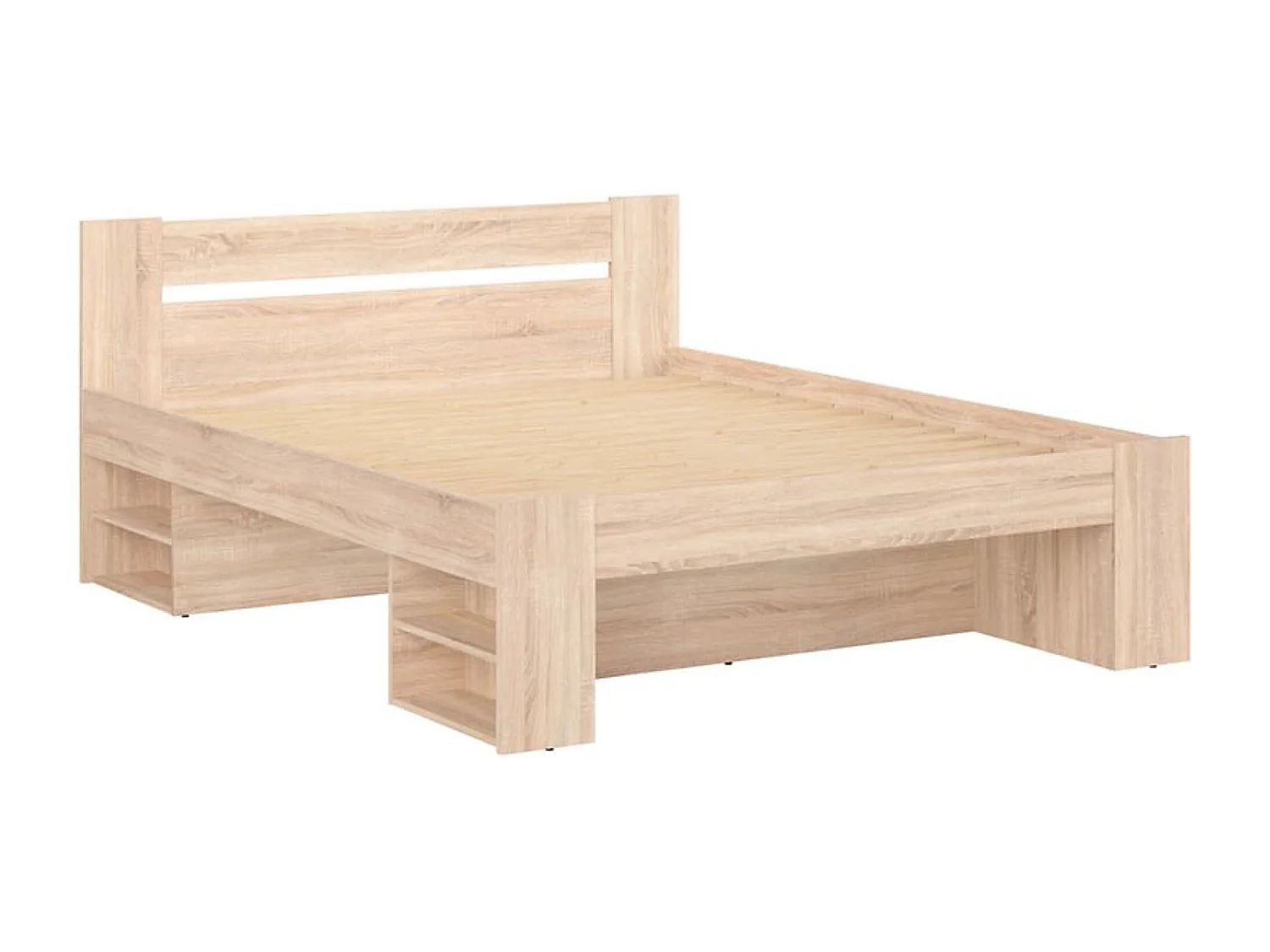 Lit adulte 2 places 160 x 200 cm avec des étagères de rangement et 3 Tiroirs coloris Chêne sonoma - Longueur 204,5 x Largeur 165 x Hauteur 47,5-85,5 cm