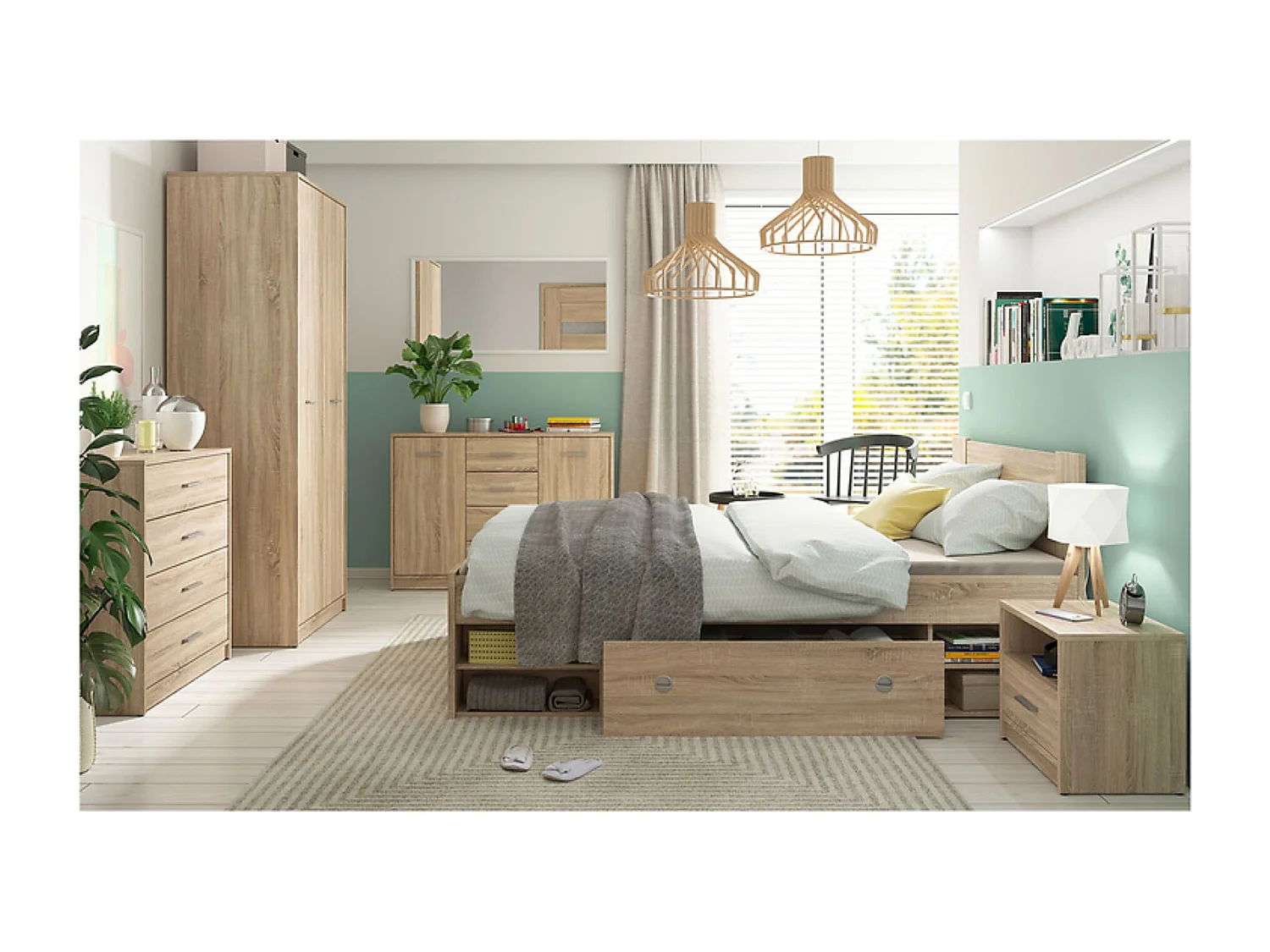 Lit adulte 2 places 160 x 200 cm avec des étagères de rangement et 3 Tiroirs coloris Chêne sonoma - Longueur 204,5 x Largeur 165 x Hauteur 47,5-85,5 cm
