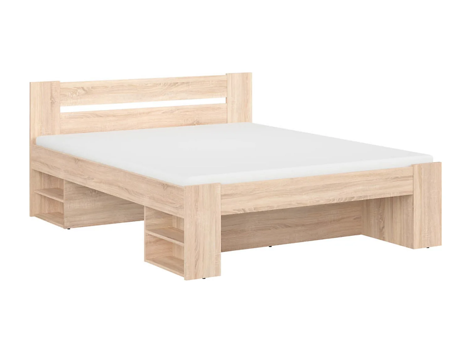 Lit adulte 2 places 160 x 200 cm avec des étagères de rangement et 3 Tiroirs coloris Chêne sonoma - Longueur 204,5 x Largeur 165 x Hauteur 47,5-85,5 cm