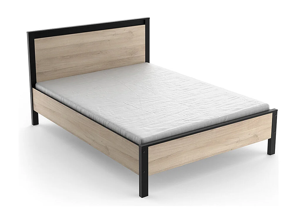 Lit 2 places couchage 140x190 couleur chêne / noir - Largeur 146,3 x Profondeur 198 x Hauteur 96,6 cm