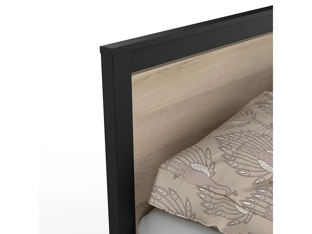 Lit 2 places couchage 140x190 couleur chêne / noir - Largeur 146,3 x Profondeur 198 x Hauteur 96,6 cm