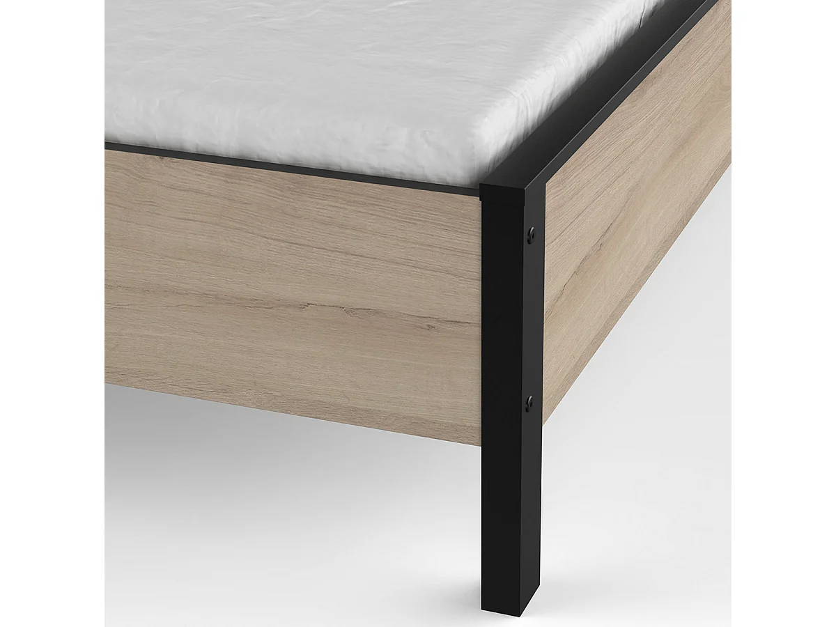 Lit 2 places couchage 140x190 couleur chêne / noir - Largeur 146,3 x Profondeur 198 x Hauteur 96,6 cm