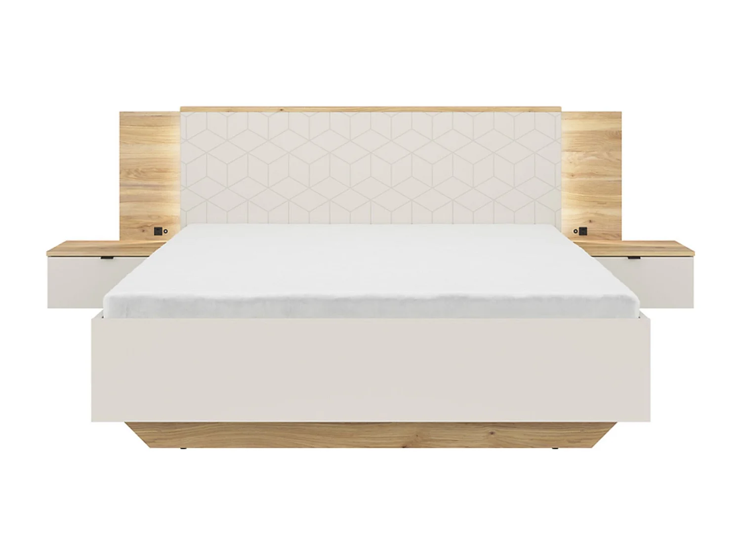 Lit double 160x200 lit adulte 2 places , coloris Chêne mauvella/Beige - Longueur 210,5 x Profondeur 167 x Hauteur 110/42,5 cm