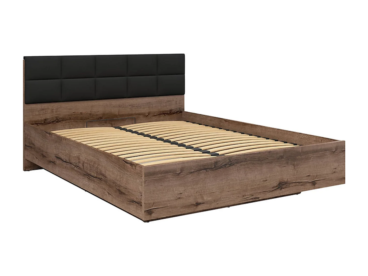 Lit coffre 180x200 avec tête de lit rembourrée noir, sommier et rangement ,coloris Chêne marron foncé - Longueur 206 x Profondeur 185 x Hauteur 42-98,5 cm