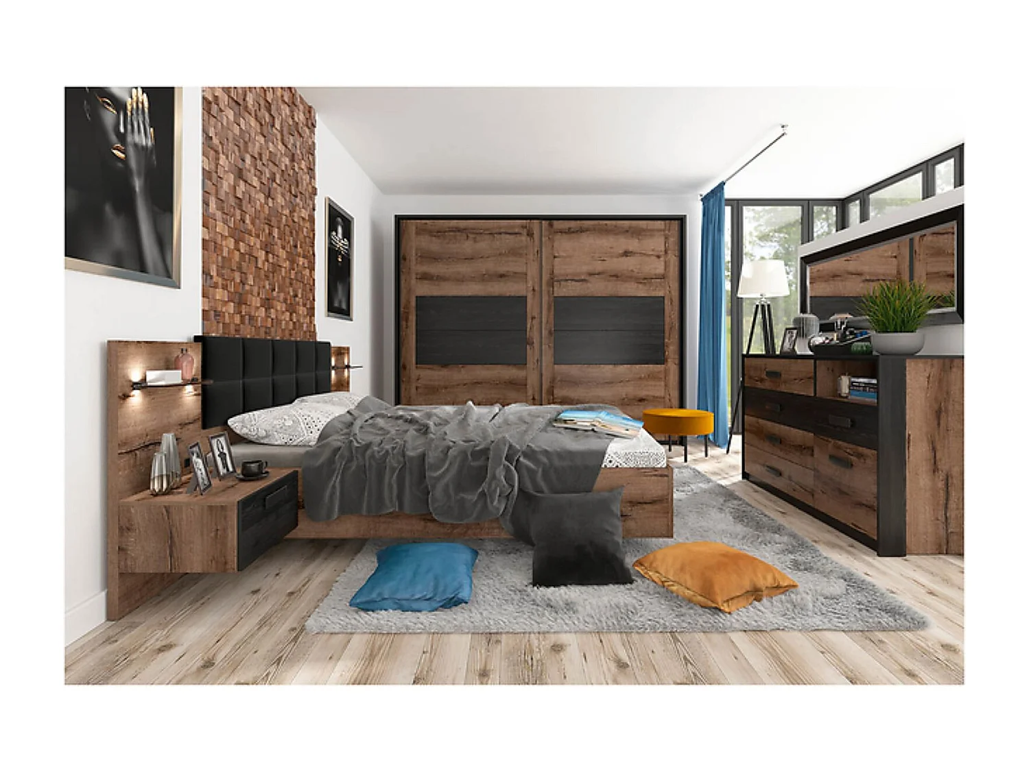 Lit coffre 180x200 avec tête de lit rembourrée noir, sommier et rangement ,coloris Chêne marron foncé - Longueur 206 x Profondeur 185 x Hauteur 42-98,5 cm