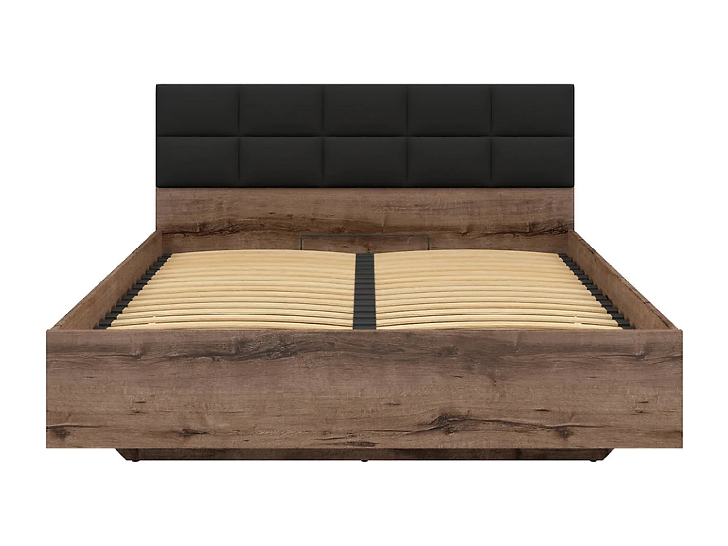 Lit coffre 180x200 avec tête de lit rembourrée noir, sommier et rangement ,coloris Chêne marron foncé - Longueur 206 x Profondeur 185 x Hauteur 42-98,5 cm