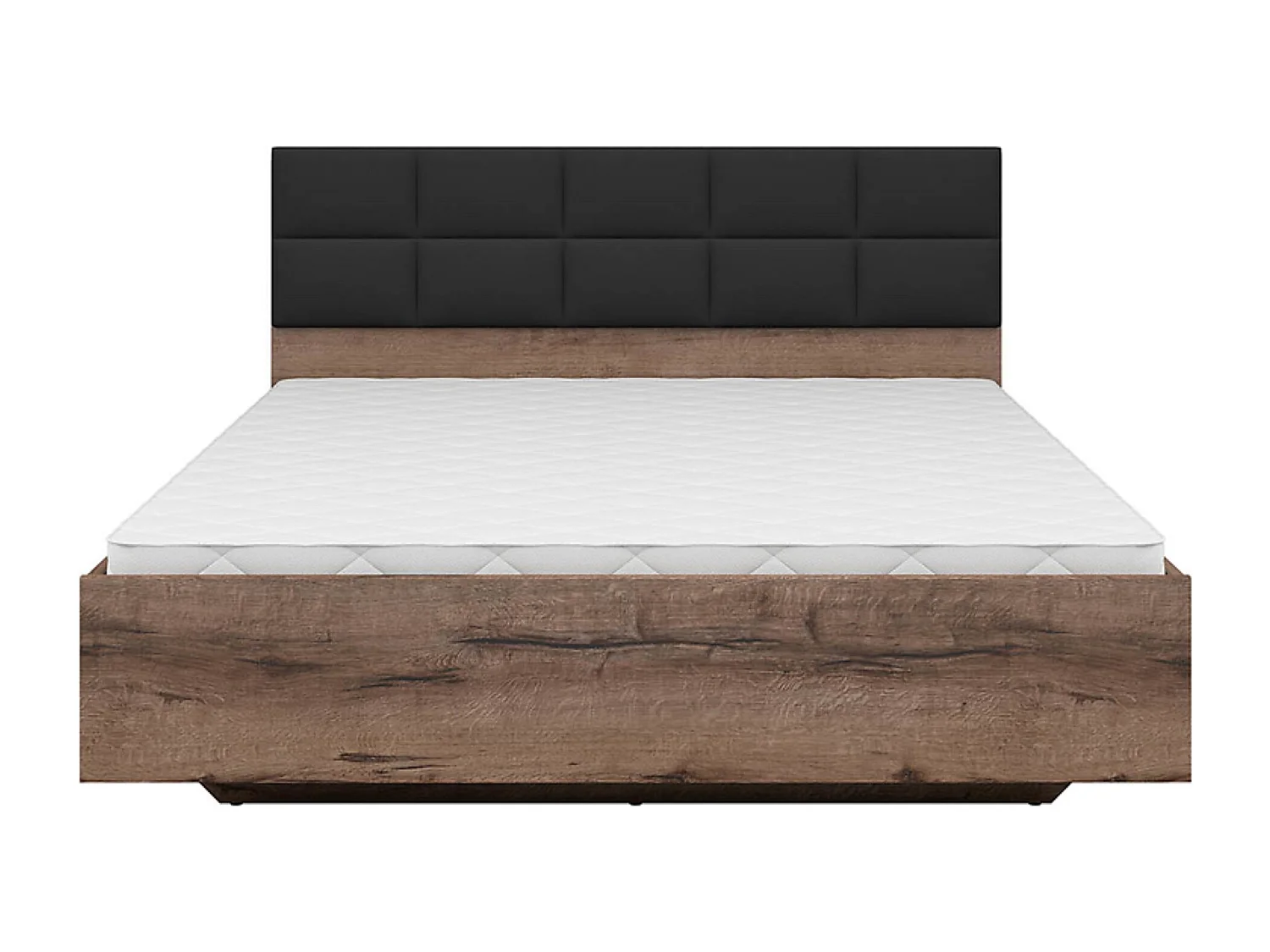 Lit coffre 180x200 avec tête de lit rembourrée noir, sommier et rangement ,coloris Chêne marron foncé - Longueur 206 x Profondeur 185 x Hauteur 42-98,5 cm