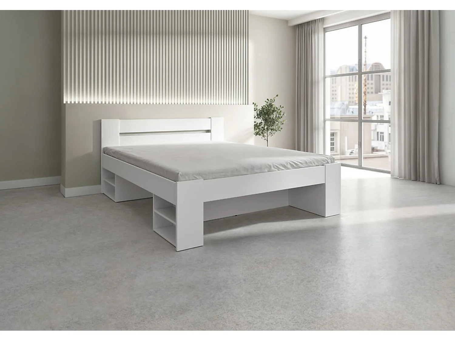 Lit adulte 2 places 160 x 200 cm avec des étagères de rangement et 3 Tiroirs coloris Blanc - Longueur 204,5 x Largeur 165 x Hauteur 47,5-85,5 cm