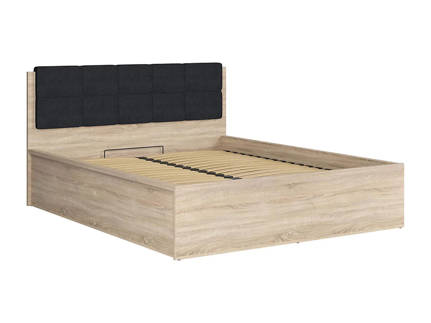 Lit adule 160x200 avec tête de lit capitonnée noir,sommier et rangement, coloris chêne Sonoma - Longueur 204,5 x Profondeur 169 x Hauteur 95/40,5 cm