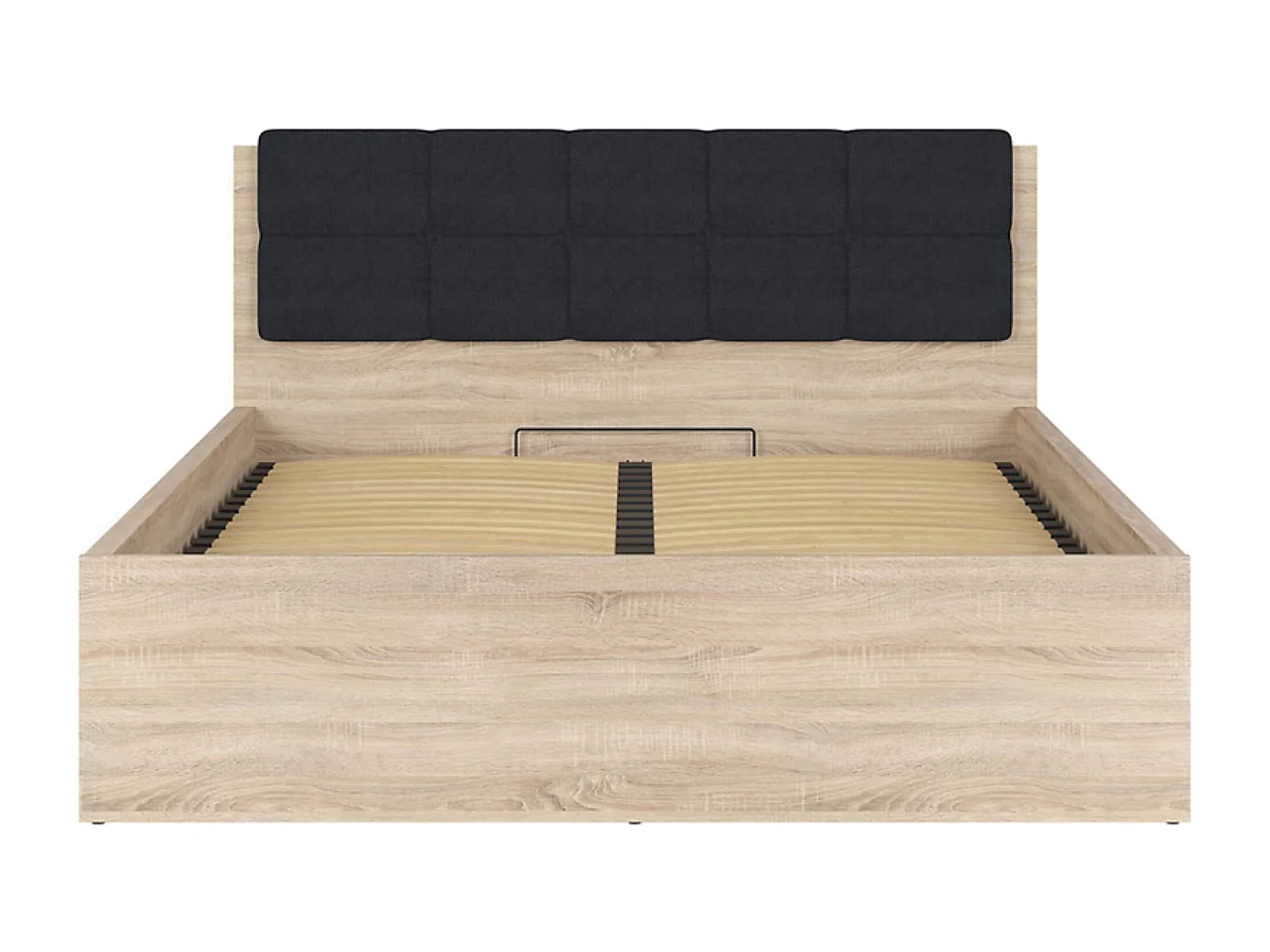 Lit adule 160x200 avec tête de lit capitonnée noir,sommier et rangement, coloris chêne Sonoma - Longueur 204,5 x Profondeur 169 x Hauteur 95/40,5 cm