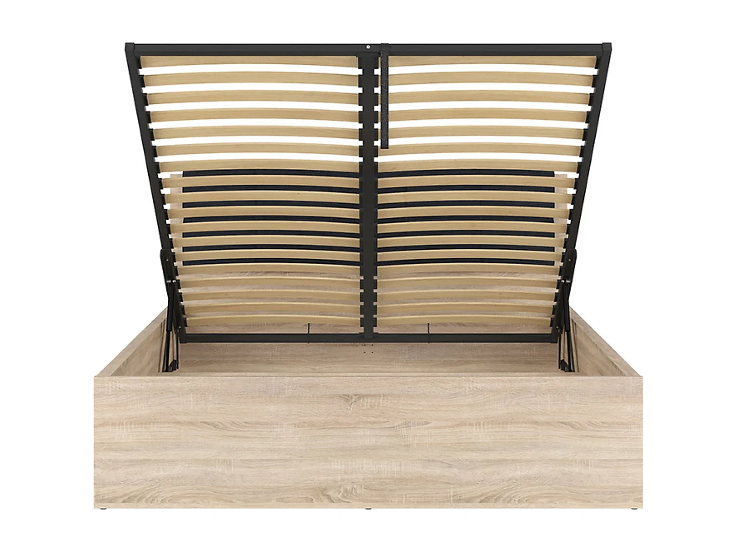 Lit adule 160x200 avec tête de lit capitonnée noir,sommier et rangement, coloris chêne Sonoma - Longueur 204,5 x Profondeur 169 x Hauteur 95/40,5 cm