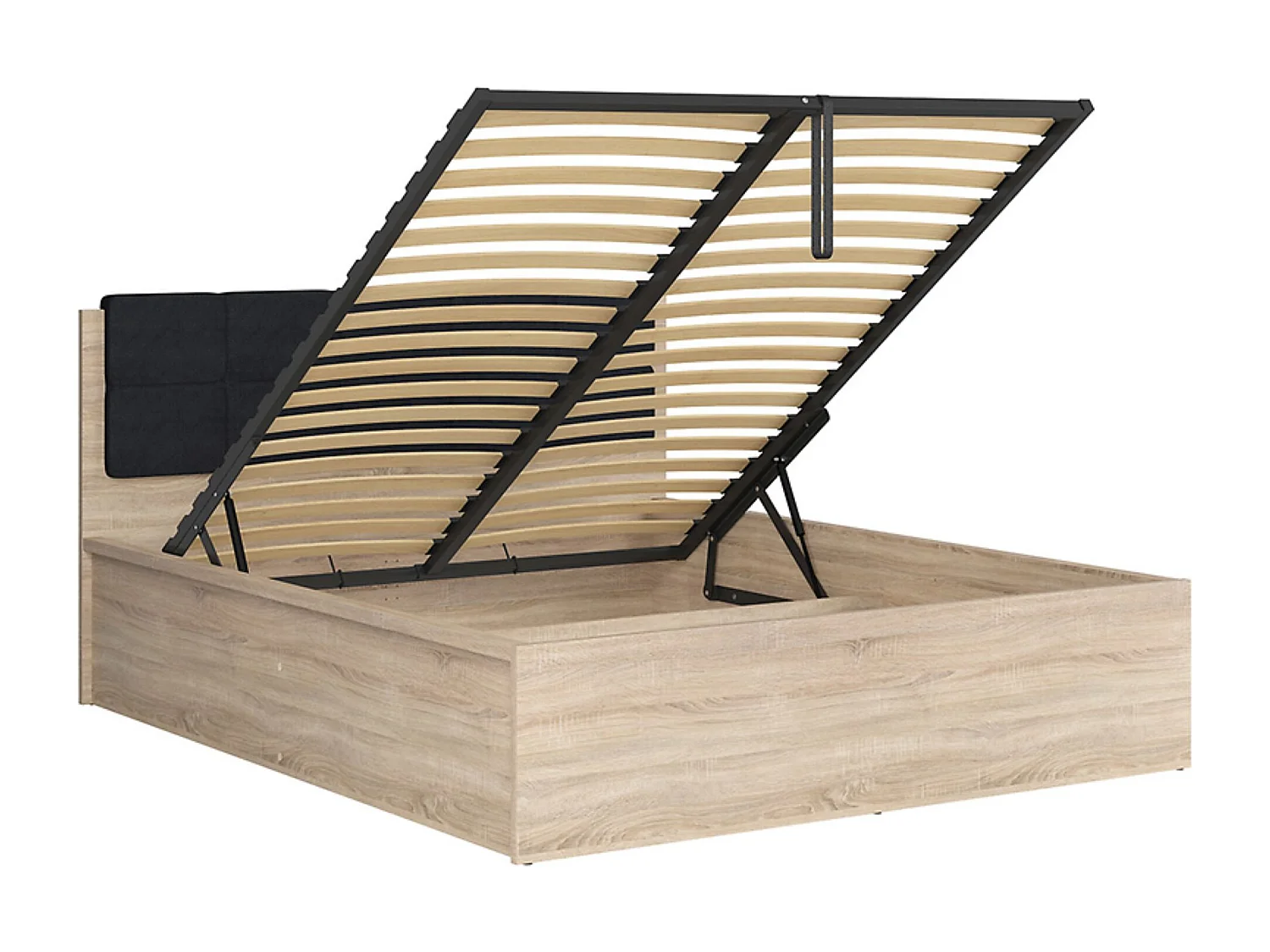 Lit adule 160x200 avec tête de lit capitonnée noir,sommier et rangement, coloris chêne Sonoma - Longueur 204,5 x Profondeur 169 x Hauteur 95/40,5 cm