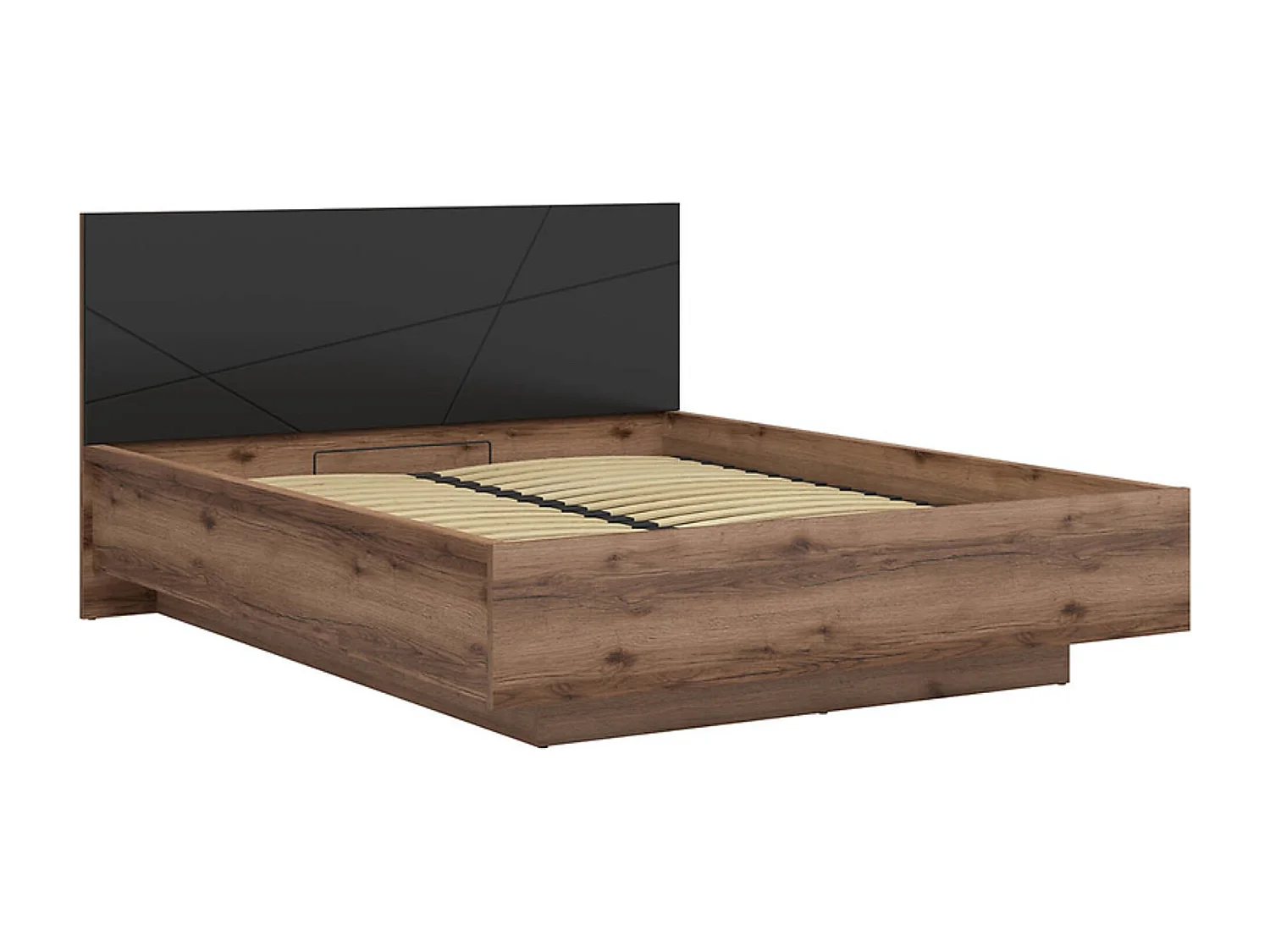 Lit coffre 160x200 avec sommier et rangement, coloris Chêne delano / Noir mat - Longueur 206 x Profondeur 169,5 x Hauteur 98,5/43 cm