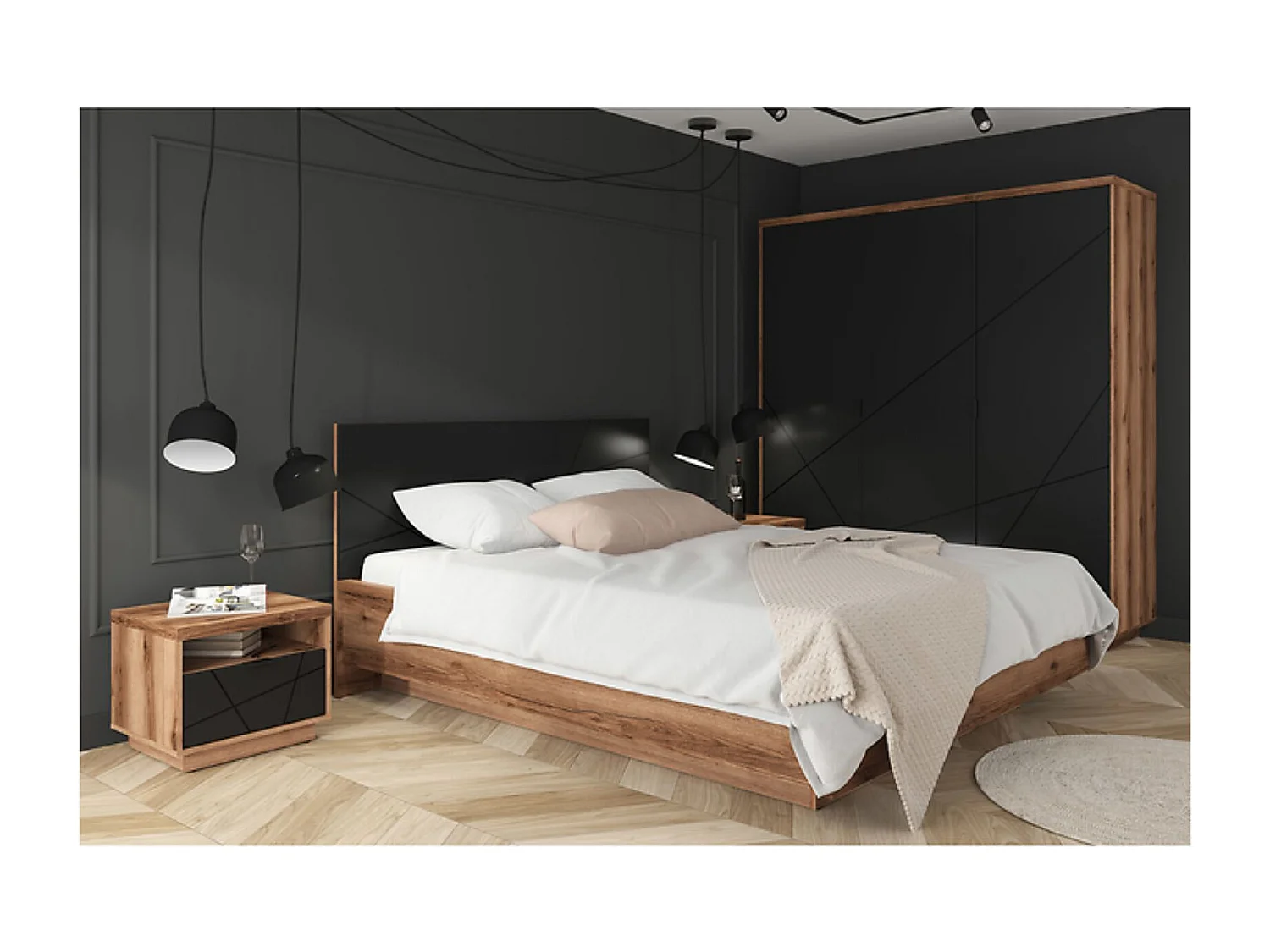 Lit coffre 160x200 avec sommier et rangement, coloris Chêne delano / Noir mat - Longueur 206 x Profondeur 169,5 x Hauteur 98,5/43 cm