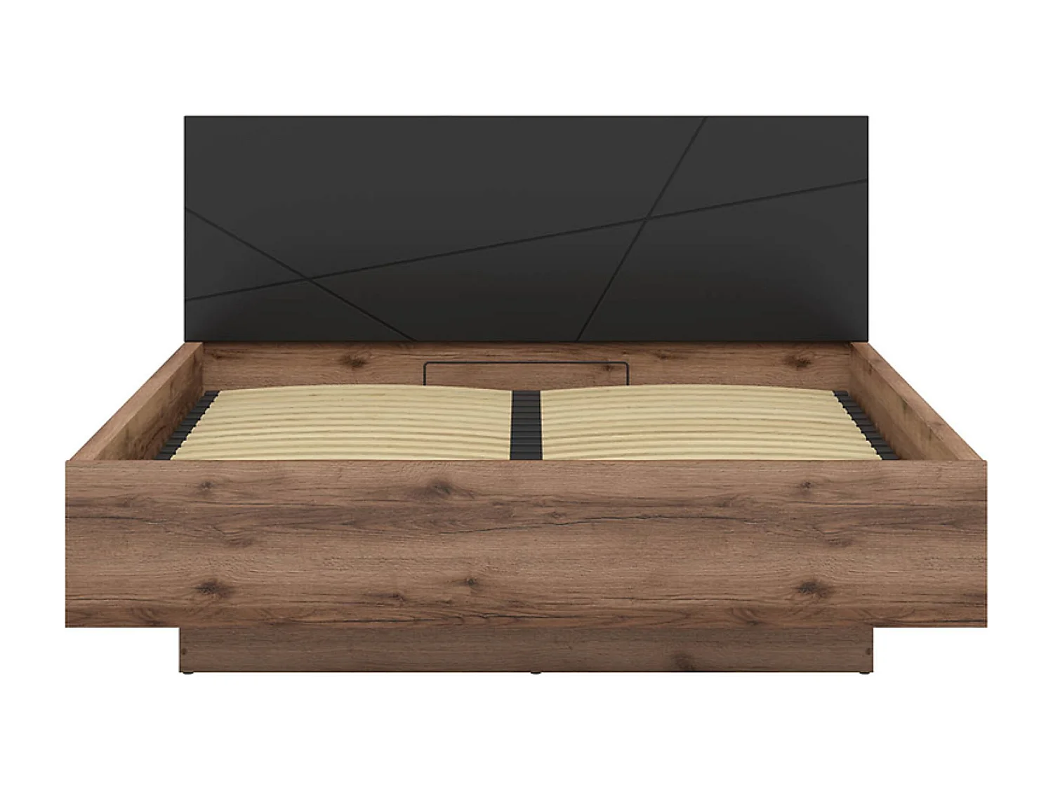Lit coffre 160x200 avec sommier et rangement, coloris Chêne delano / Noir mat - Longueur 206 x Profondeur 169,5 x Hauteur 98,5/43 cm