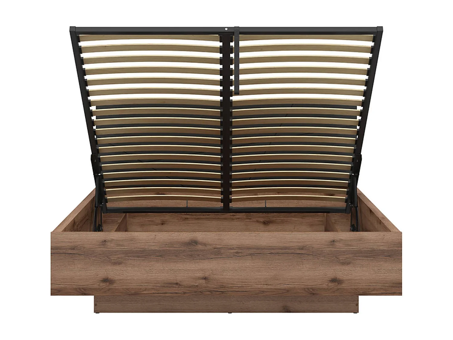 Lit coffre 160x200 avec sommier et rangement, coloris Chêne delano / Noir mat - Longueur 206 x Profondeur 169,5 x Hauteur 98,5/43 cm