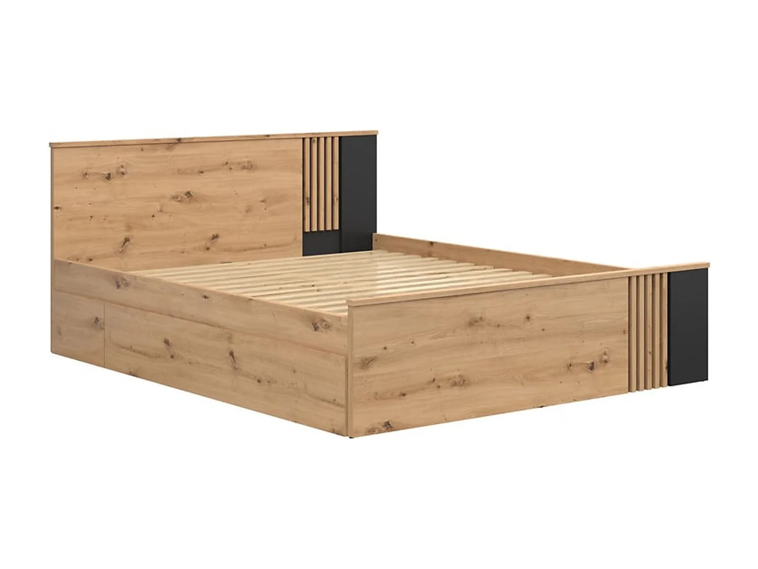 Lit double 160x200 cm lit avec tiroir, coloris Chêne artisan/Noir - Longueur 206,5 x Profondeur 166 x Hauteur 85,5/44,5 cm