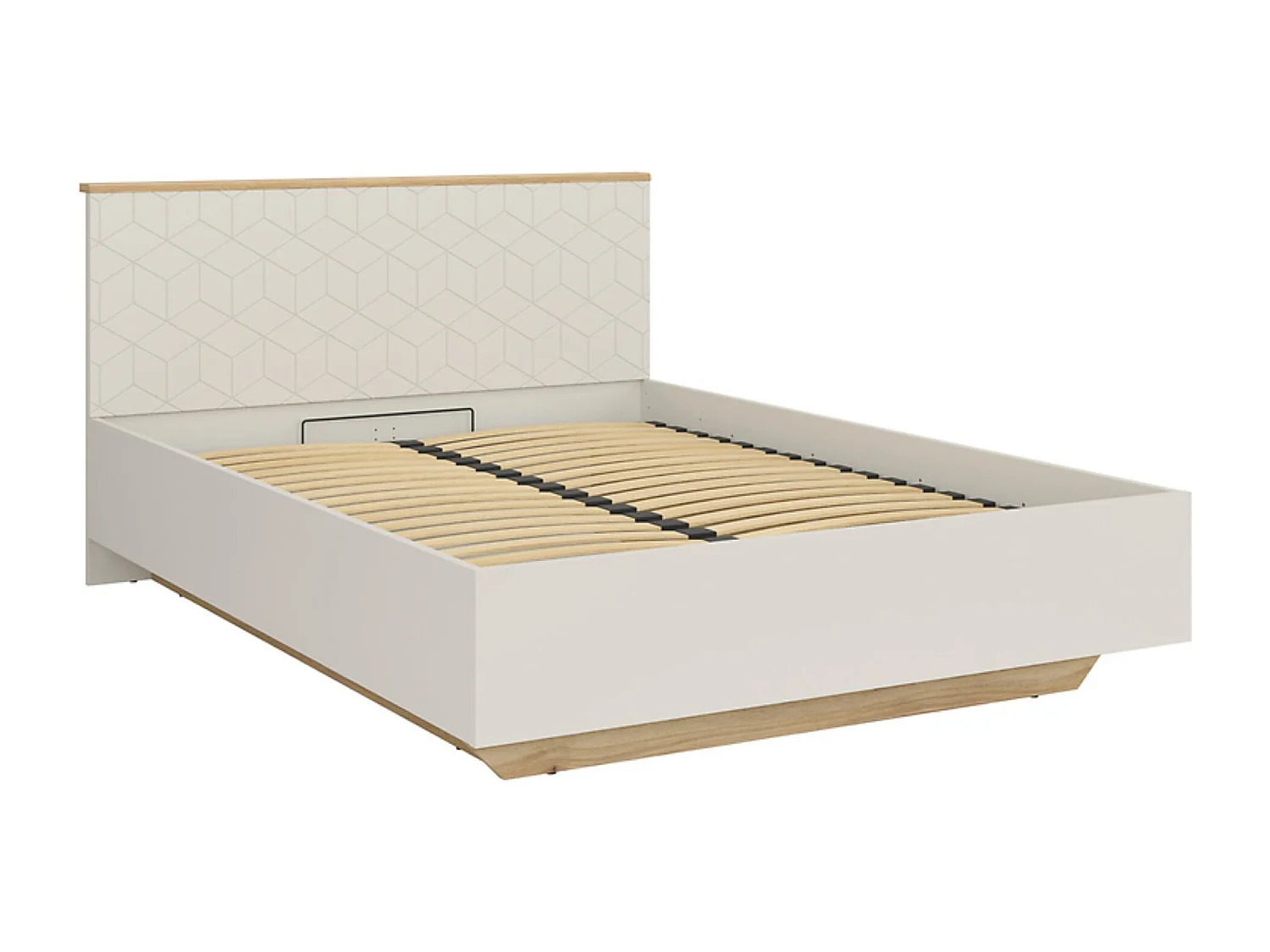 Lit coffre 160x200 avec sommier et rangement , coloris Chêne mauvella/Beige - Longueur 210,5 x Profondeur 167 x Hauteur 110/42,5 cm