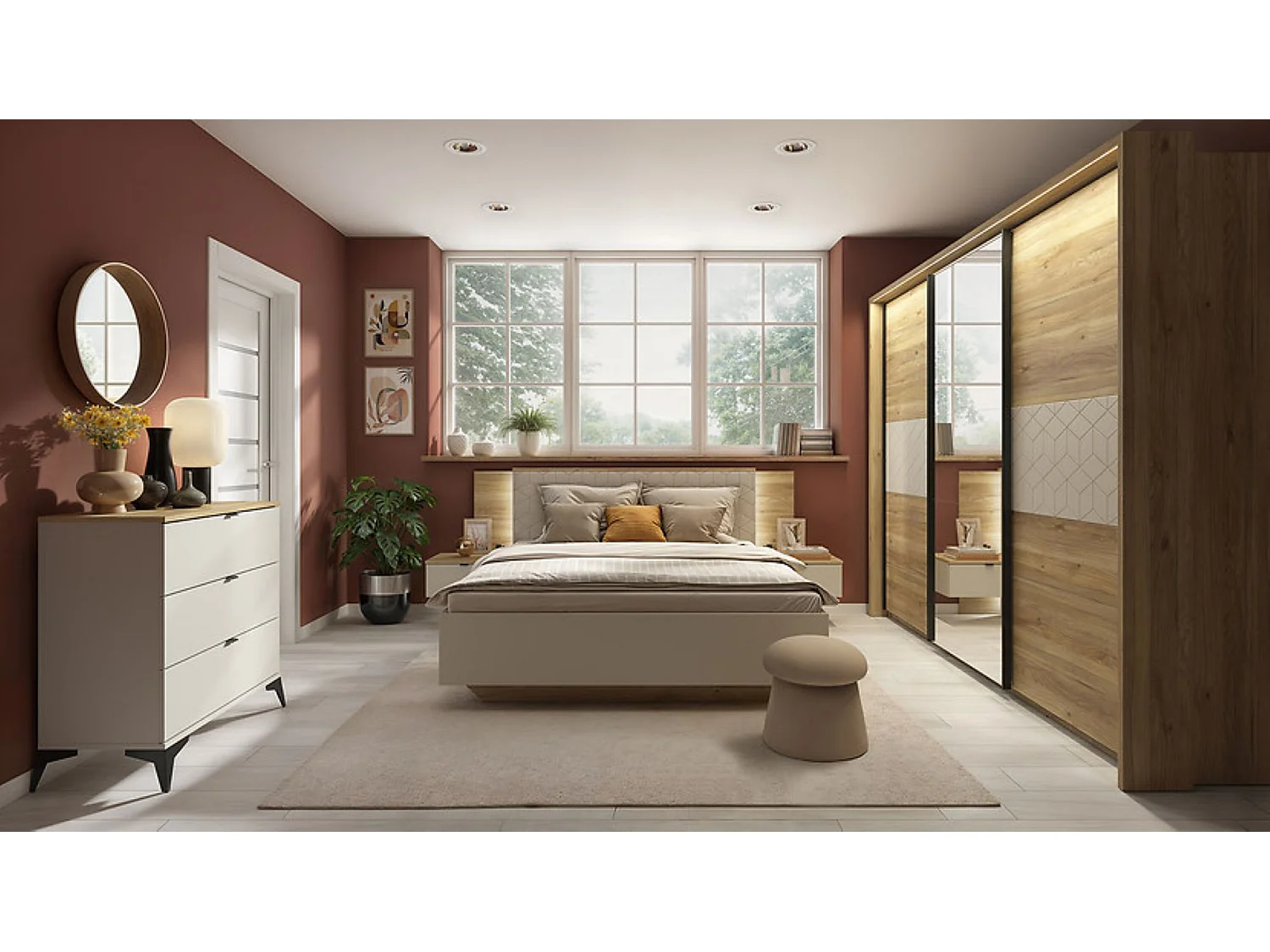 Lit coffre 160x200 avec sommier et rangement , coloris Chêne mauvella/Beige - Longueur 210,5 x Profondeur 167 x Hauteur 110/42,5 cm