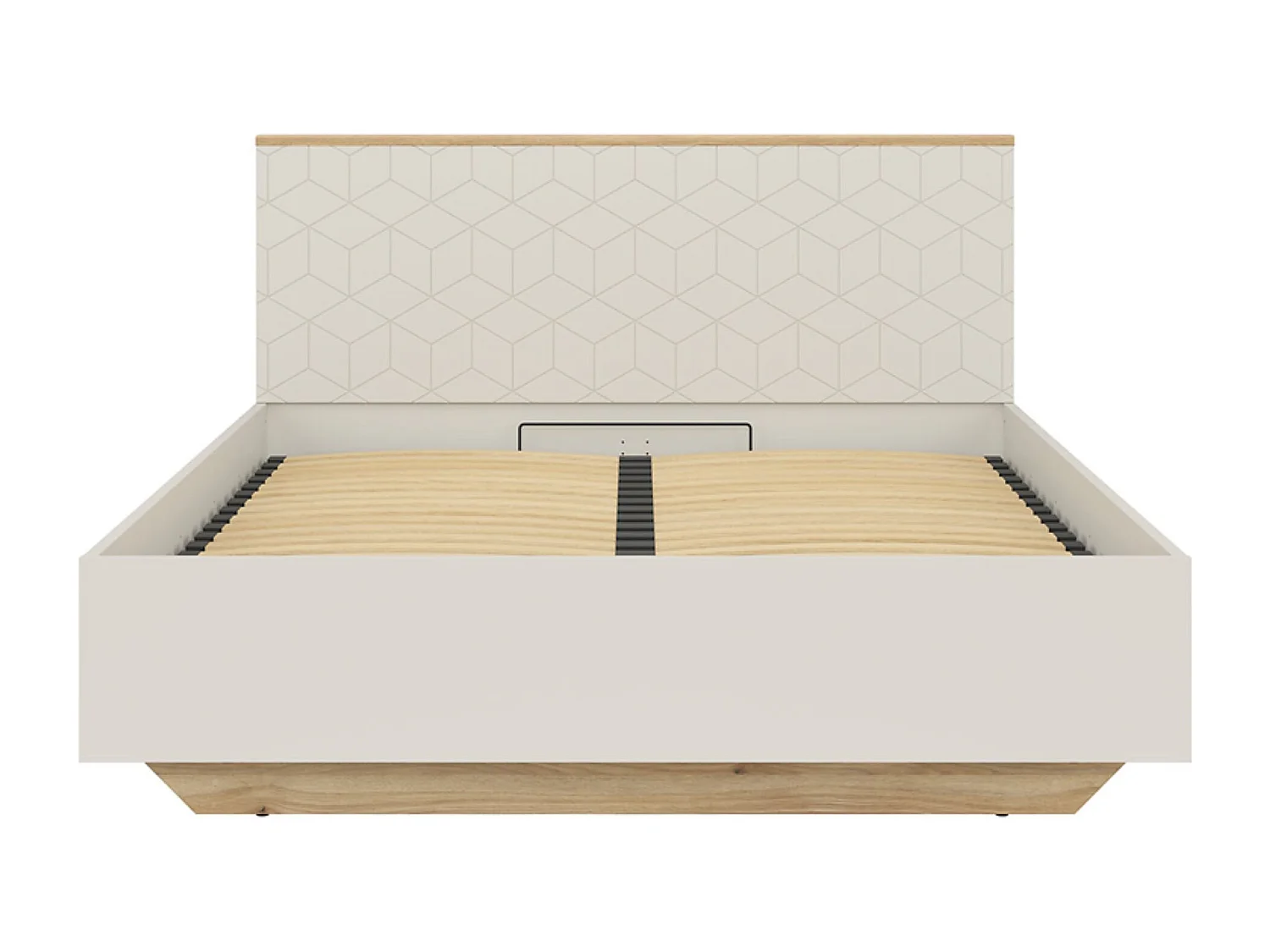 Lit coffre 160x200 avec sommier et rangement , coloris Chêne mauvella/Beige - Longueur 210,5 x Profondeur 167 x Hauteur 110/42,5 cm