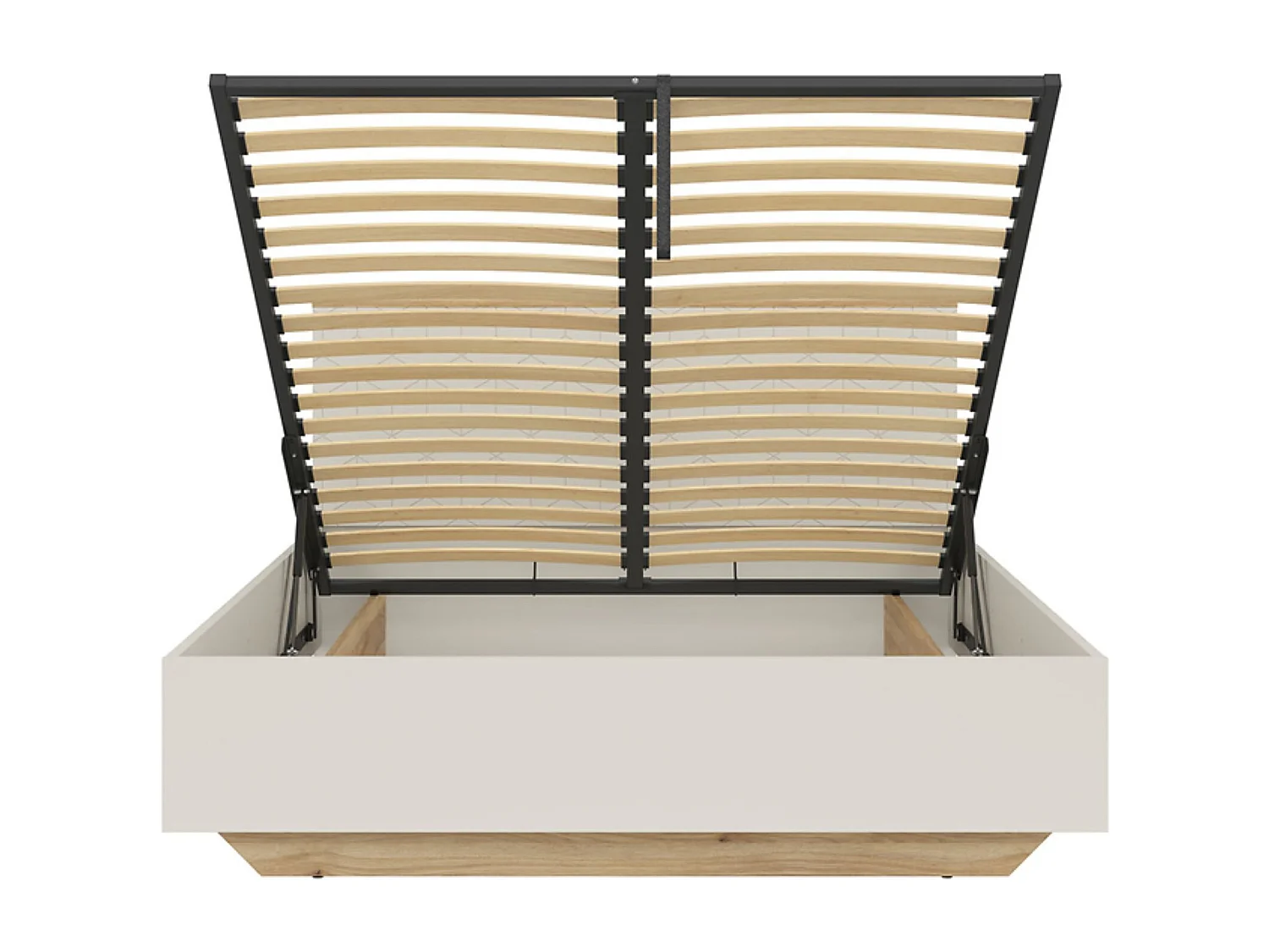Lit coffre 160x200 avec sommier et rangement , coloris Chêne mauvella/Beige - Longueur 210,5 x Profondeur 167 x Hauteur 110/42,5 cm