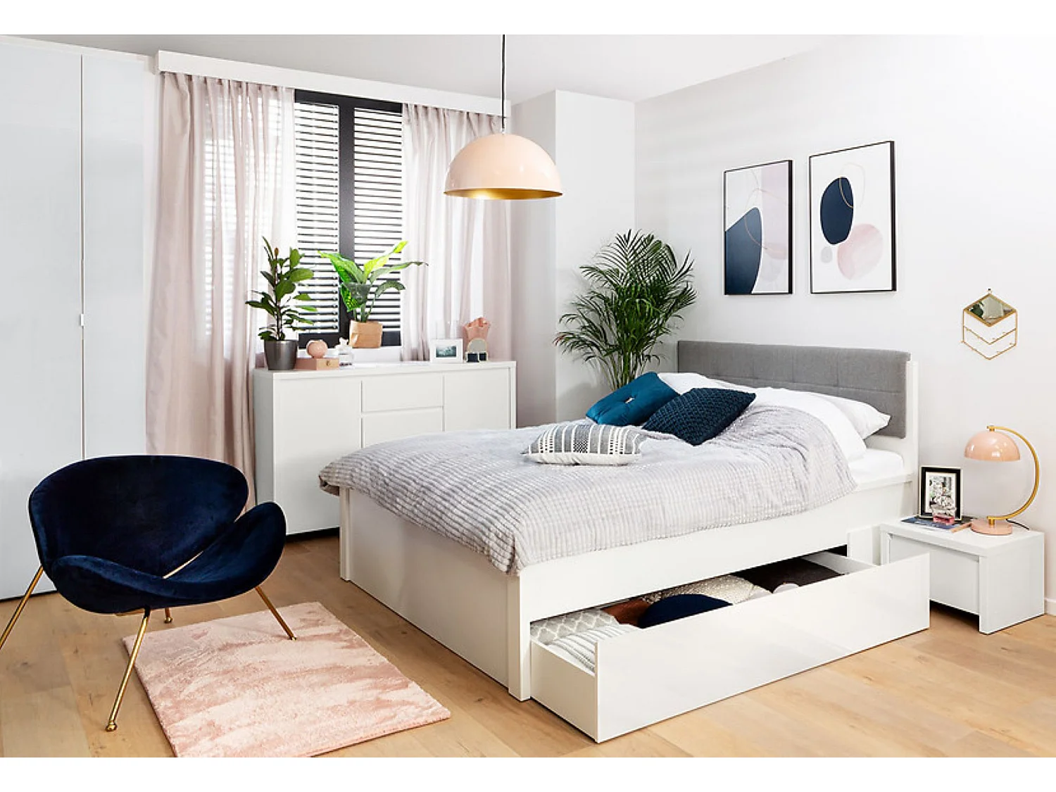 Lit adulte 160x200 + 2 Tiroirs de rangement sur roulettes coloris Blanc/Blanc Mat - Longueur 208 x Largeur 168 x Hauteur 50-100 cm
