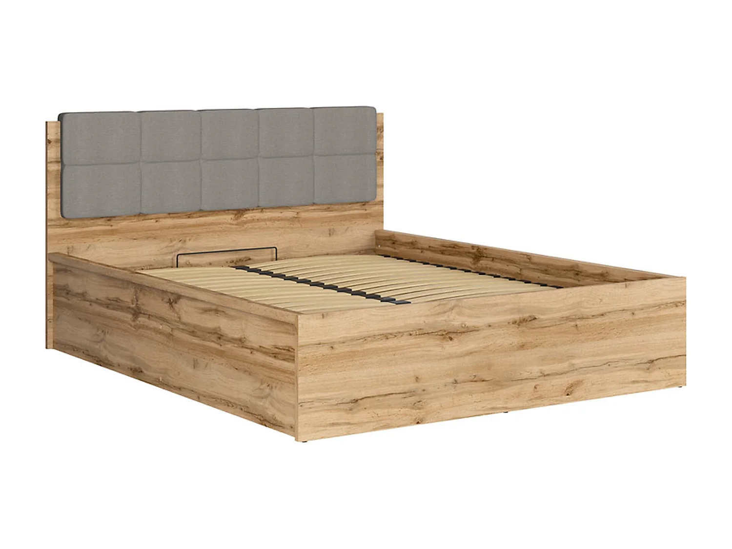Lit adule 160x200 avec tête de lit capitonnée gris clair,sommier et rangement, coloris Chêne wotan - Longueur 204,5 x Profondeur 169 x Hauteur 95/40,5 cm